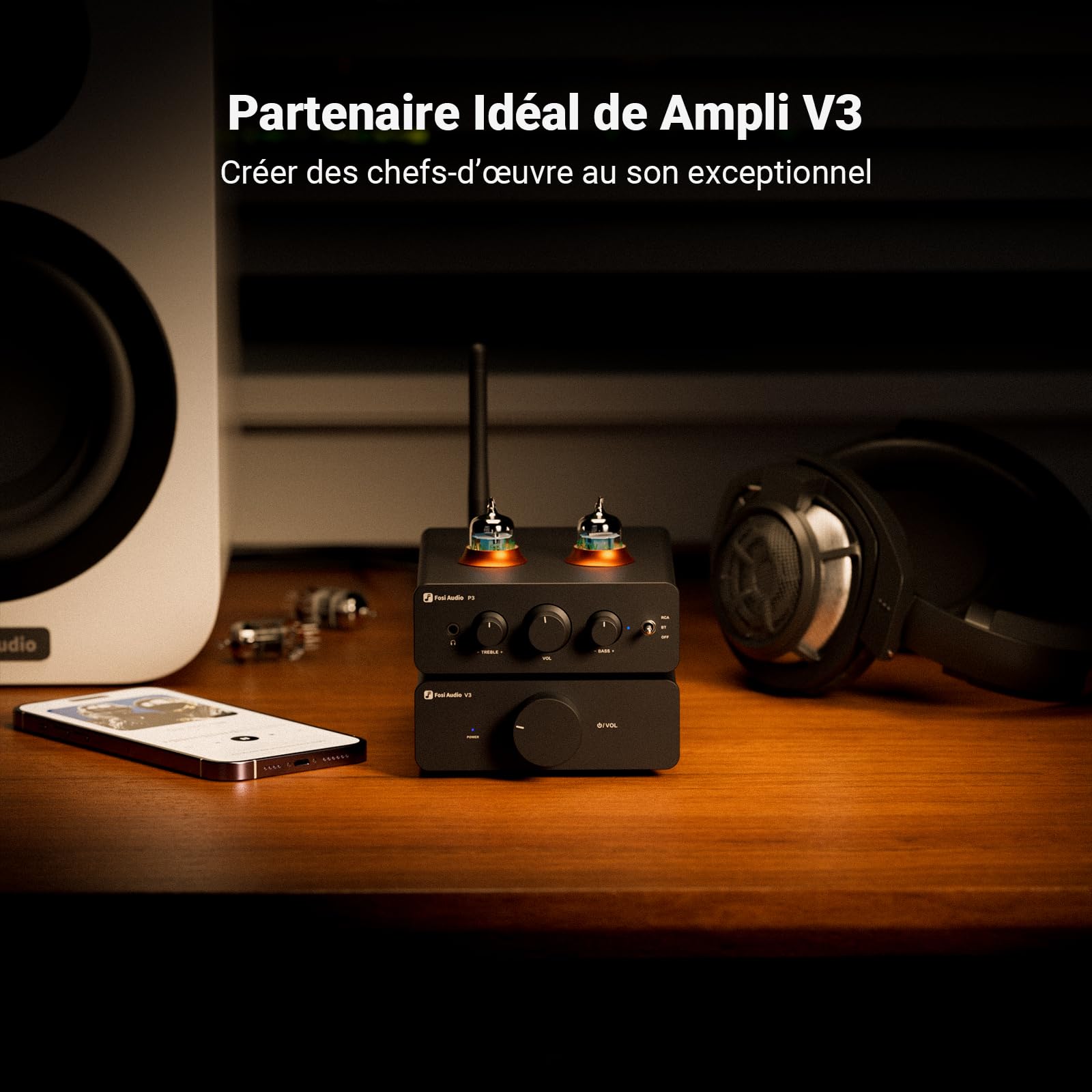 Fosi Audio P3 Hi-Fi Préamplificateur à Tubes, Home Audio Mini Amplificateur à Tubes & pour Casque, Bluetooth 5.1 aptX-LL & aptX-HD, Réglages Bass & Aigus pour Enceintes Actives Stéréo Hi-Fi, RCA & AUX