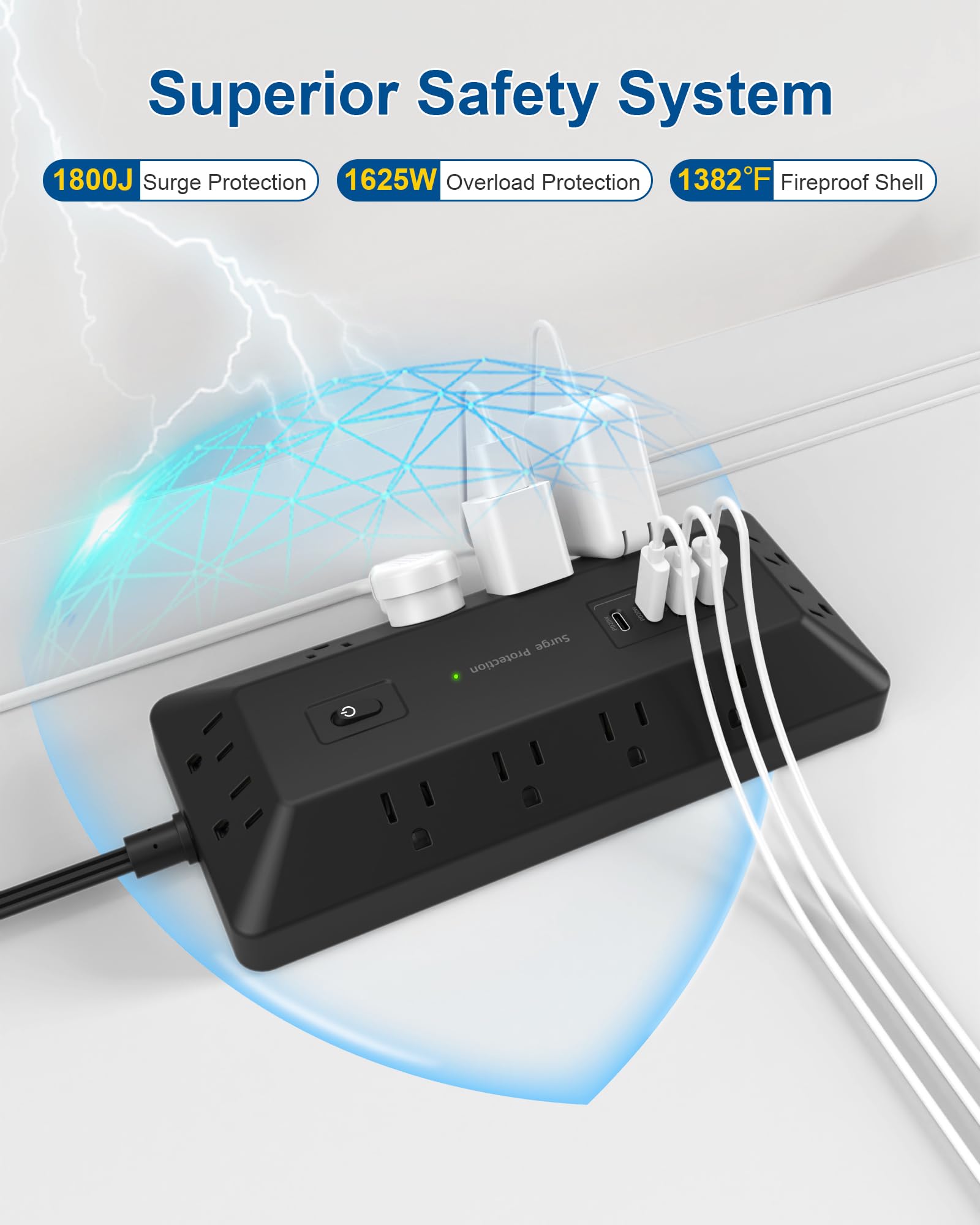 Regleta de alimentación de computadora con protección contra sobretensiones, 12 salidas de CA, 2 USB-C 2 USB-A, cable de extensión de enchufe plano de 6 pies para estación de carga de