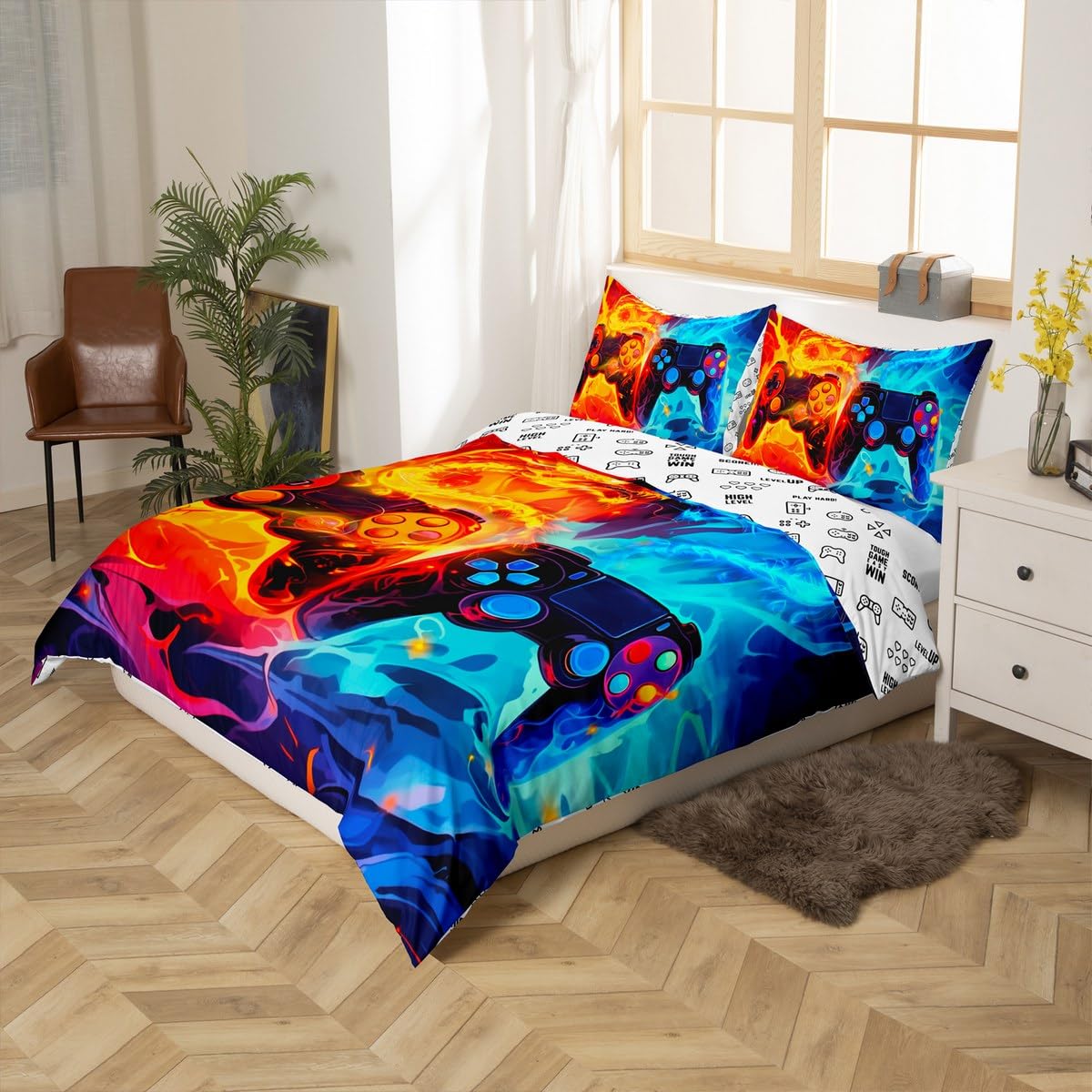 Gaming Home Video Game Duvet Cover Queen Size,Boys Girls Gamepad Red Blue Flame Super Soft Bedding Set,Watercolor Abstract Dragon Comforter Cover Bedding 3 Piece (No Comforter)
