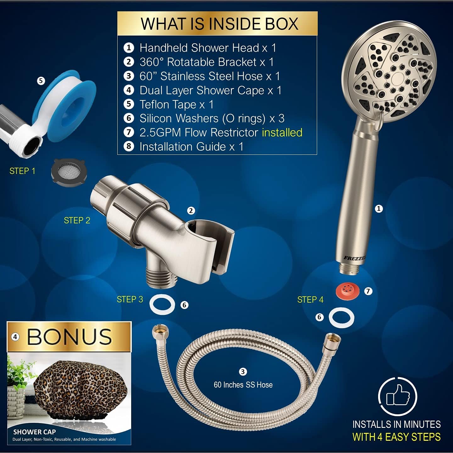 High Pressure Shower Head with Handheld 6 Spray Setting - 4 Inch Brushed Nickel Detachable Shower Head with Hose 60 inches Long - Handheld Shower Heads High Pressure with Shower Cap