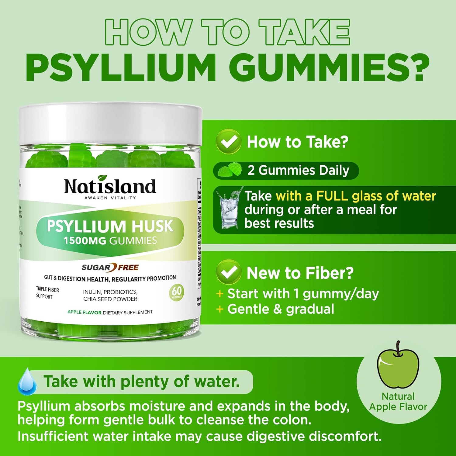 Psyllium Husk Gummies, 1500mg Psyllium Husk Fiber Supplement with Probiotics, Inulin, Chia Seed Powder for Gut & Digestive Health, Regularity, Vegan, Sugar Free, 60 Chewable