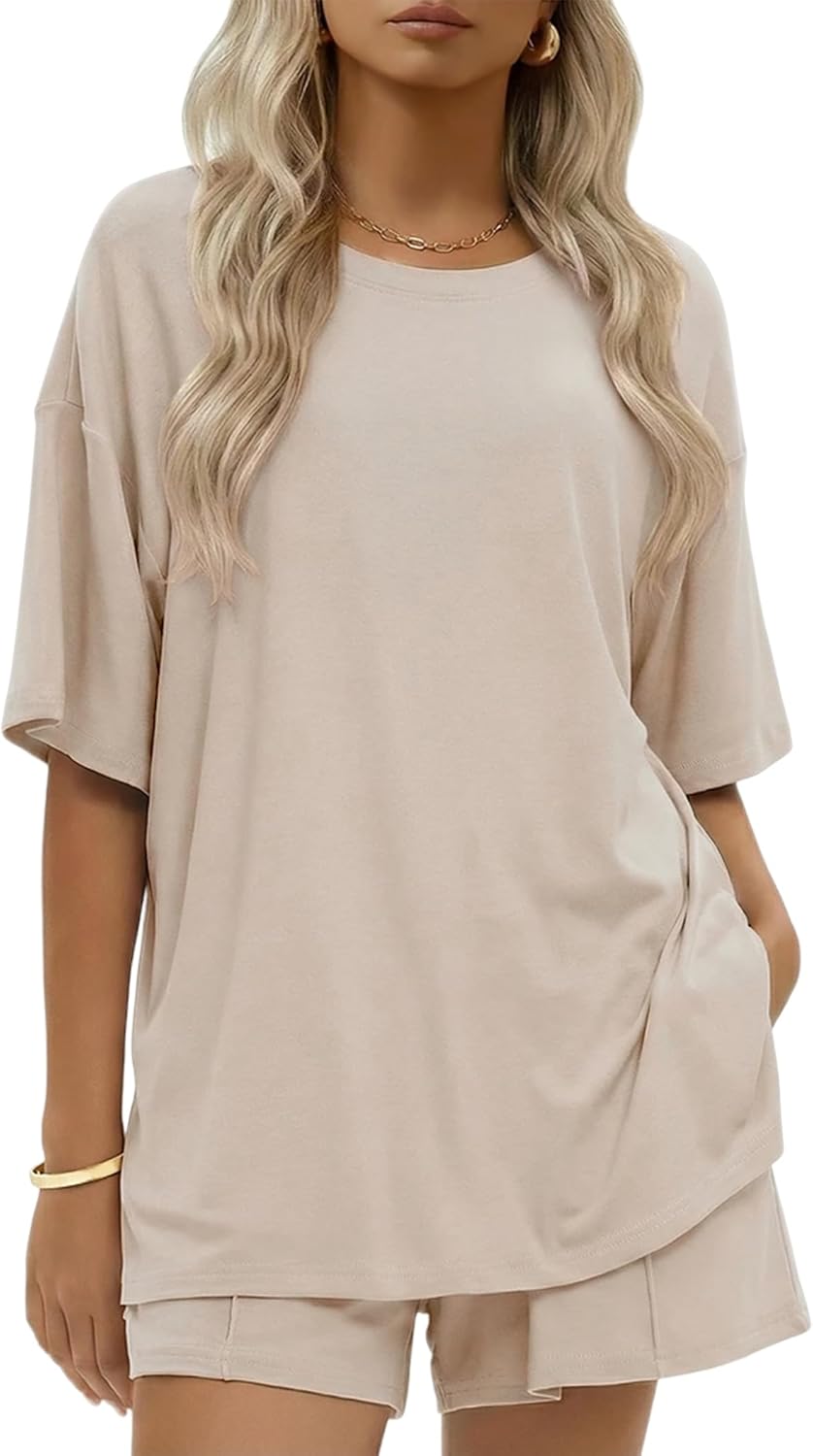 Ekouaer Womens 100% Cotton 2 Pieces Short Sets Summer Short Sleeve Outfits Casual Matching Lounge Set with Pockets