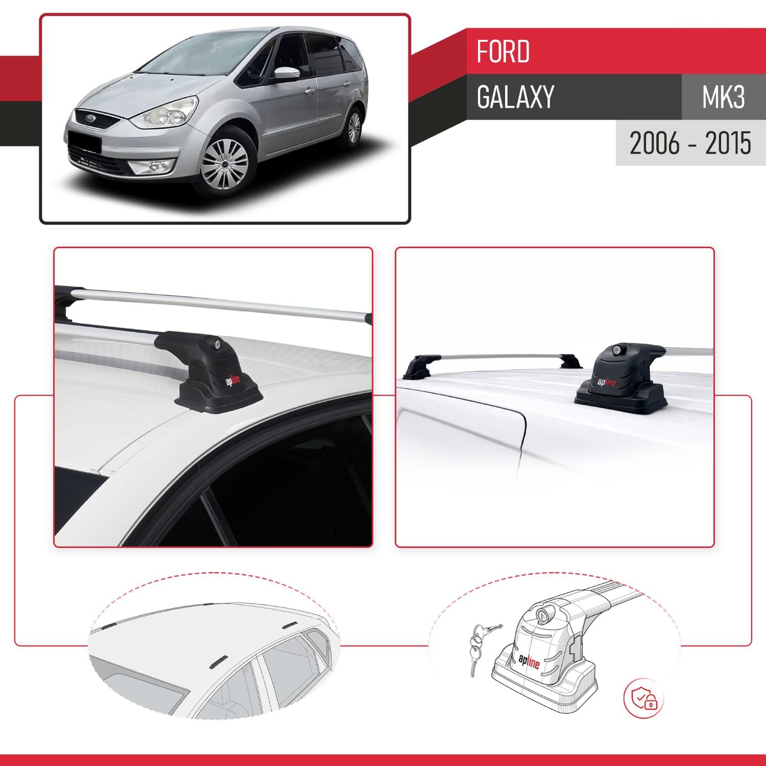 Kompatybilny z Ford Galaxy (MK3) 2006-2015 ACE-3 Model Aluminiowy bagażnik dachowy 2 poprzeczki, szary