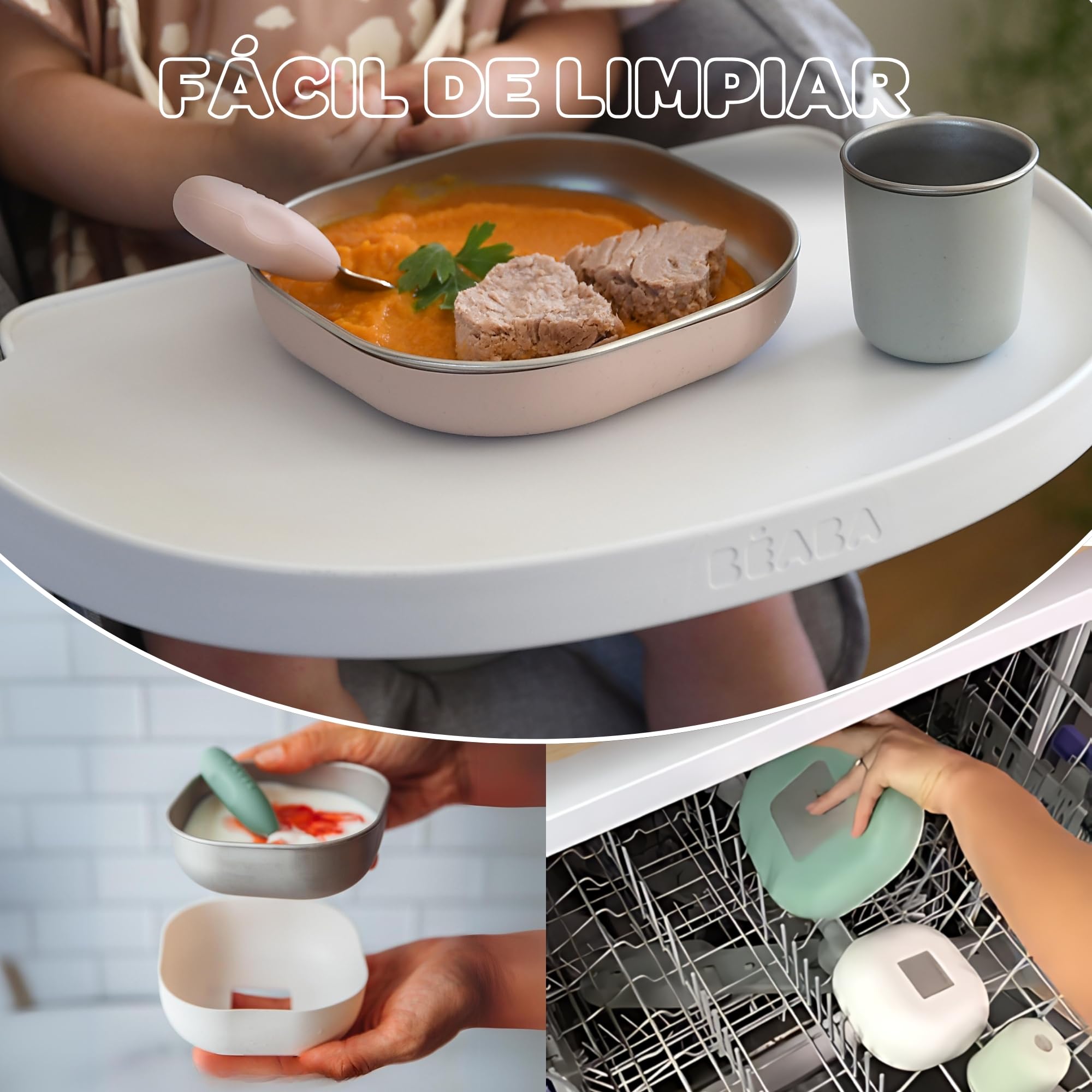 BÉABA, Set de Comida Bebé/Niño Inox, 3 Piezas, Cristal + 2 Platos, Compatible Microondas/Lavavajillas, Saludable/Resistente, Ligero, Irrompible, Antideslizante con Funda de Silicona, Algodón de Azúcar