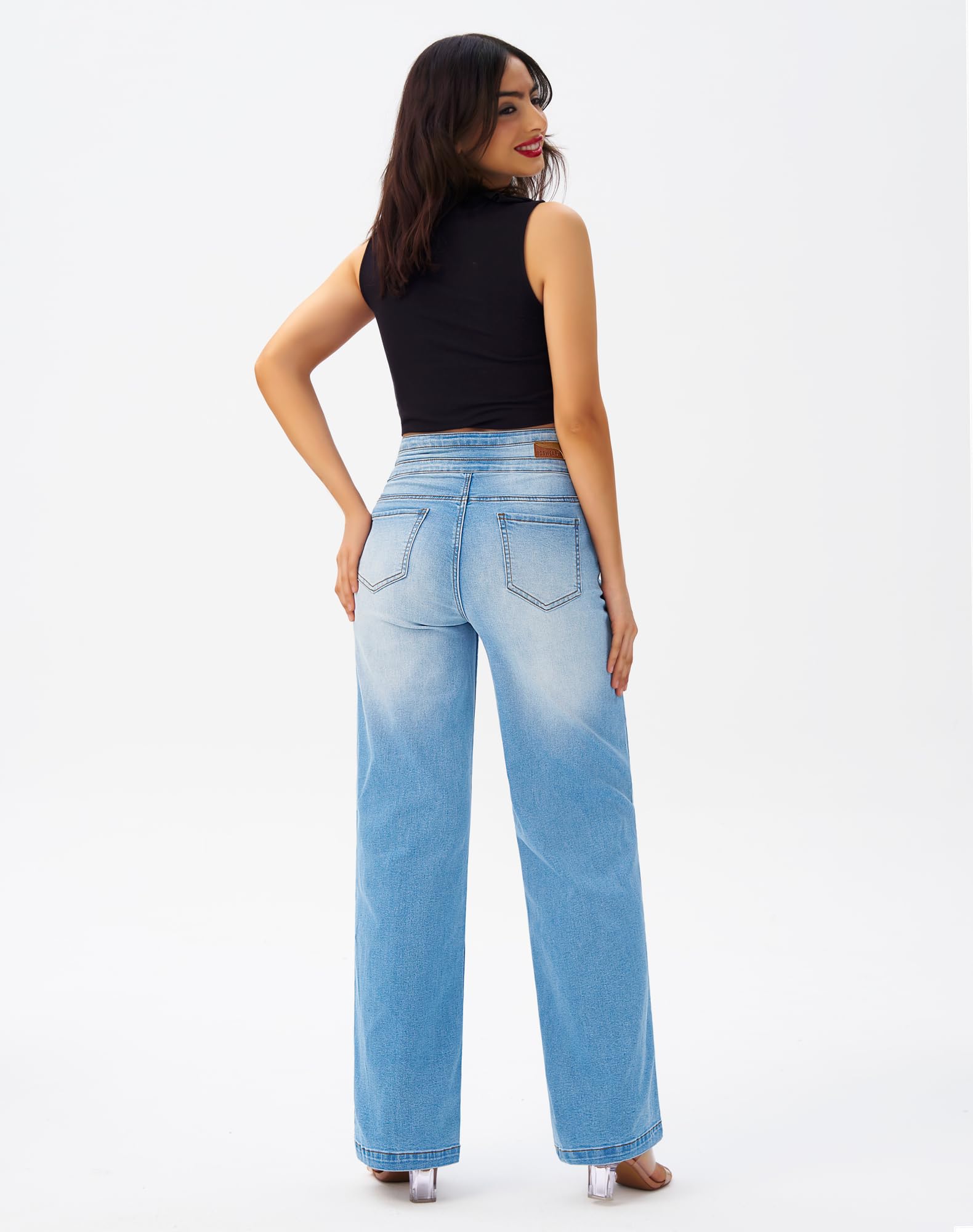 roswear Damen Jeans mit weitem Bein, leger, hohe Taille, Stretch, lockere Denim-Hose