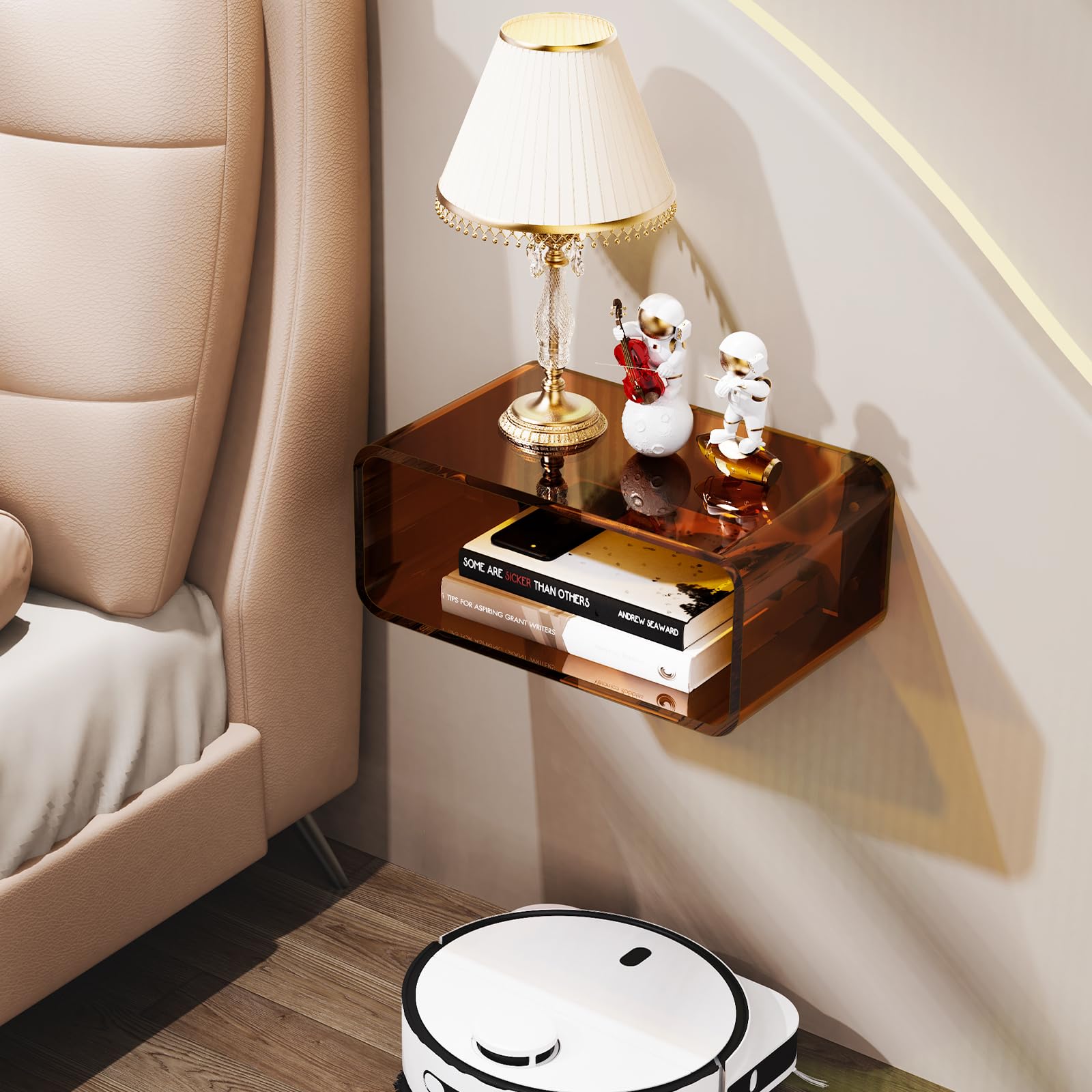 Comodino Sospeso in Acrilico (marrone scuro) | Comodino Galleggiante Mensola da Parete Design Moderno, Minimalista ed elegante