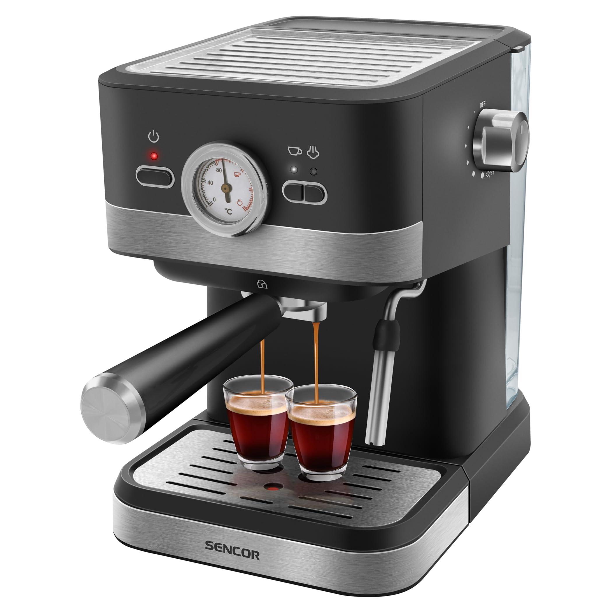 SENCOR SES 1721BK coffee maker brewing two shots of espresso