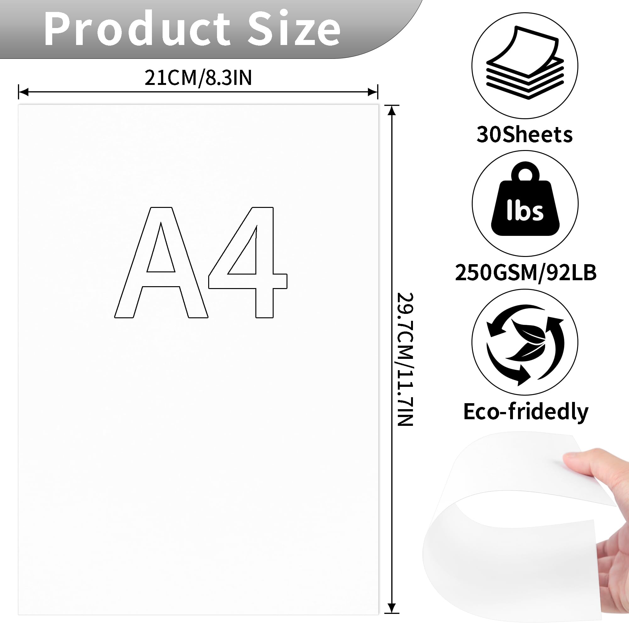 30 feuilles White Cardstock -A4 250gsm Papier de carte épaisse Premium papier d'imprimante de carte lisse 92lb pour les arts, l'artisanat, l'école, l'utilisation commerciale PAC09WHA430