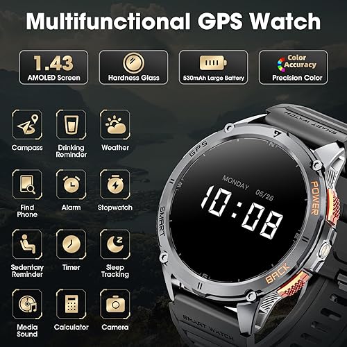 Miniatura 7 de Relojes inteligentes militares para hombres con GPS, reloj inteligente AMOLED Bluetooth de 1.43 pulgadas con linterna LED, reloj inteligente para