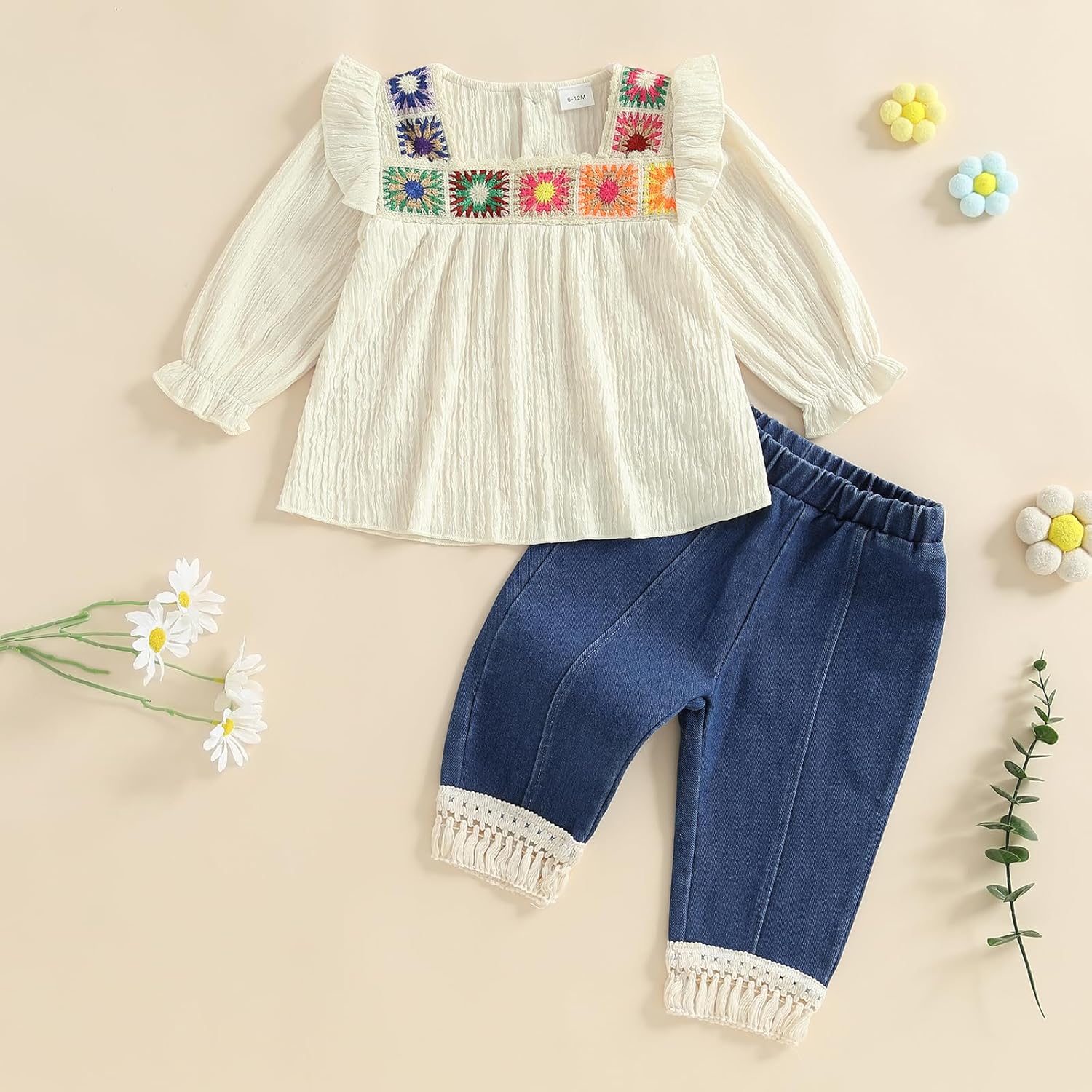 VISGOGO Baby Girl Outfit Crocheted Floral Top Linen 12 18 24M 2T 3T 4T Todder Clothes Tops + Denim Pants Set - Image 4