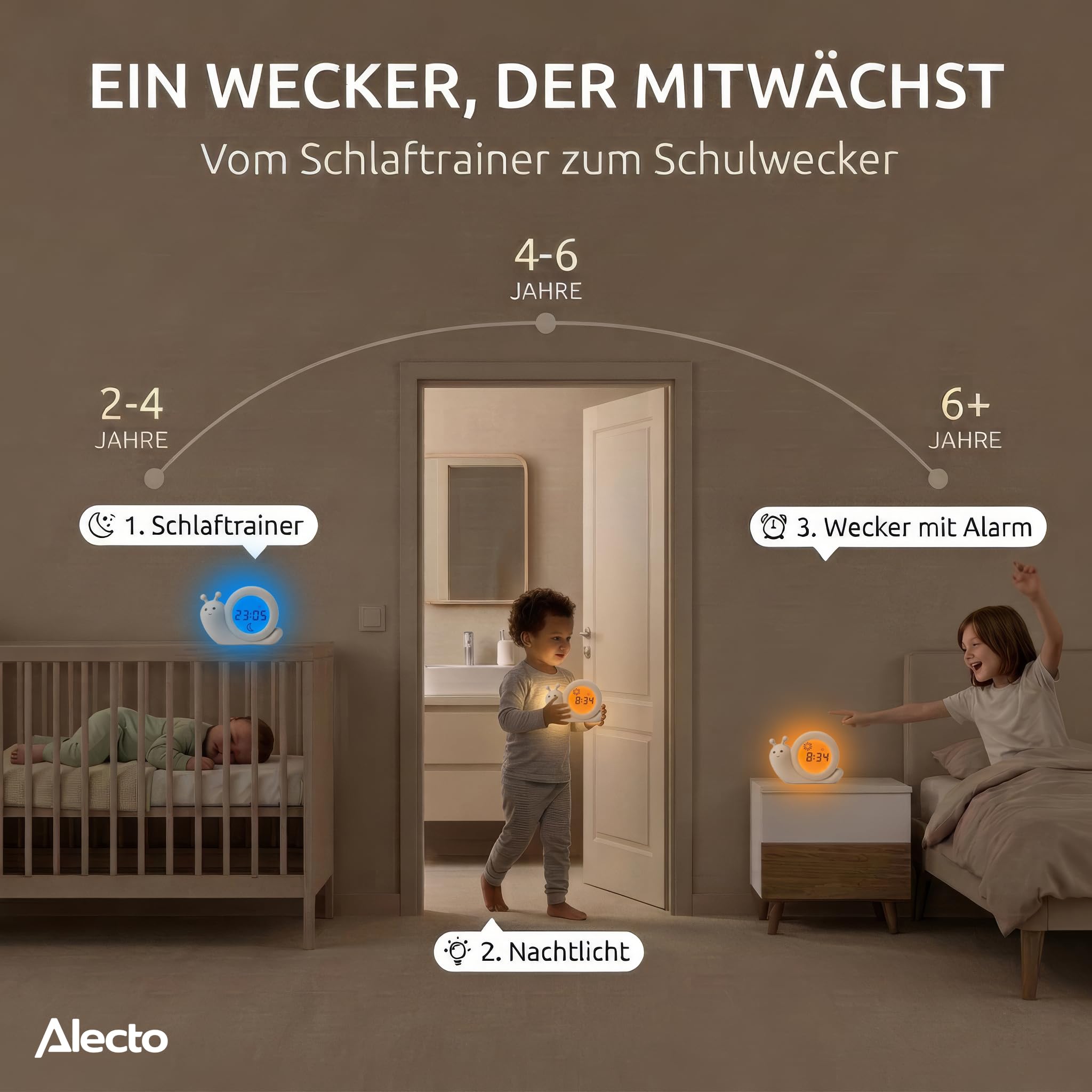 Alecto BC110BE Kinderwecker Schlaftrainer mit Nachtlicht Taupe