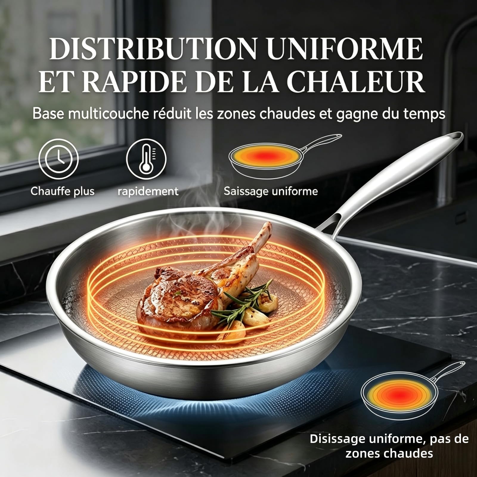 Poele Titanex,2026 Neu PoêLe Titane Pur Avec couvercle, 26/28/30 AntiadhéSive, Compatible Induction & Tous Feux, Surface MarteléE RéSistante Aux Rayures，30cm