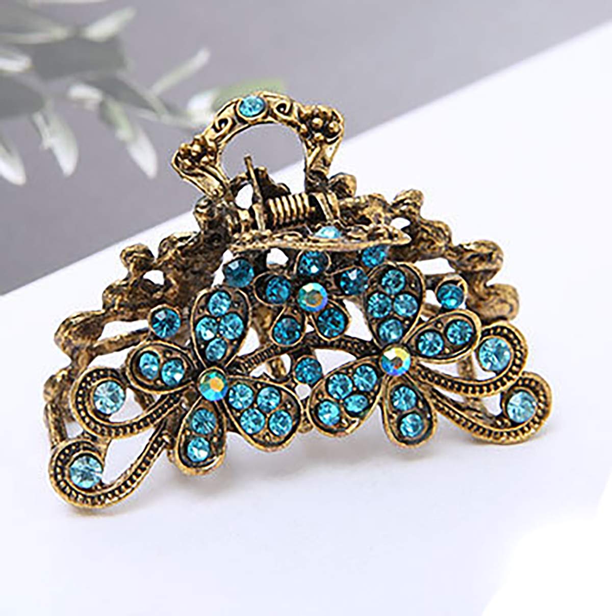 Fodattm Retro Flowers Hair Claw Clip for Women Lady Girls Vintage Alloy Rhinestone Hair Jaw Clips Hairpin Fancy Hair Clamp (Sky blue) - Image 2