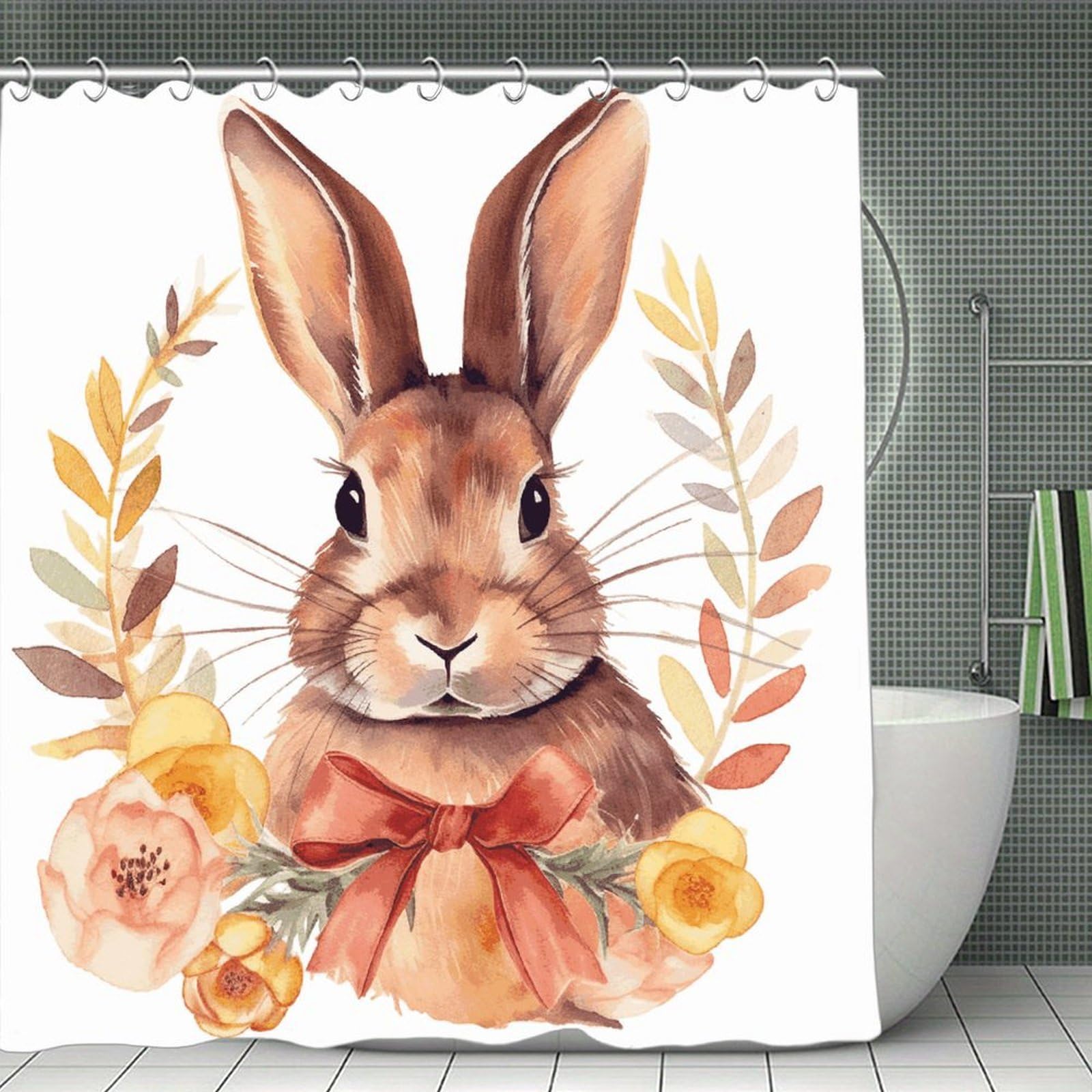 Bunny Rosette Shower Curtain Light-Weight Blackout Bathroom Curtain Washable Shower Liner 71x71 Inch Bath Curtain with Metal Holes Bathtub Bath Room