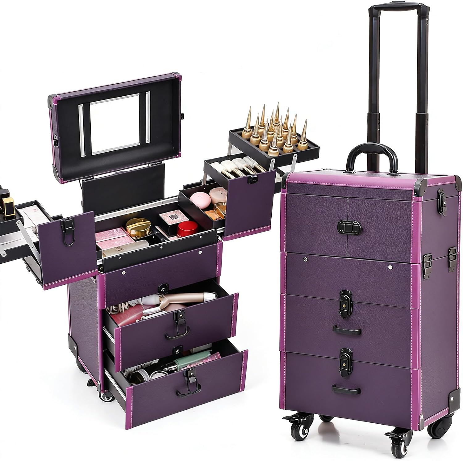 Rolling Makeup Train Case, Lockable Cosmetic Organizer Trolley with Retractable Trays Drawers Cosmetology Vanity Storage Case for Makeup Artist Hairdresser Beautician Storing Tools(Purple)