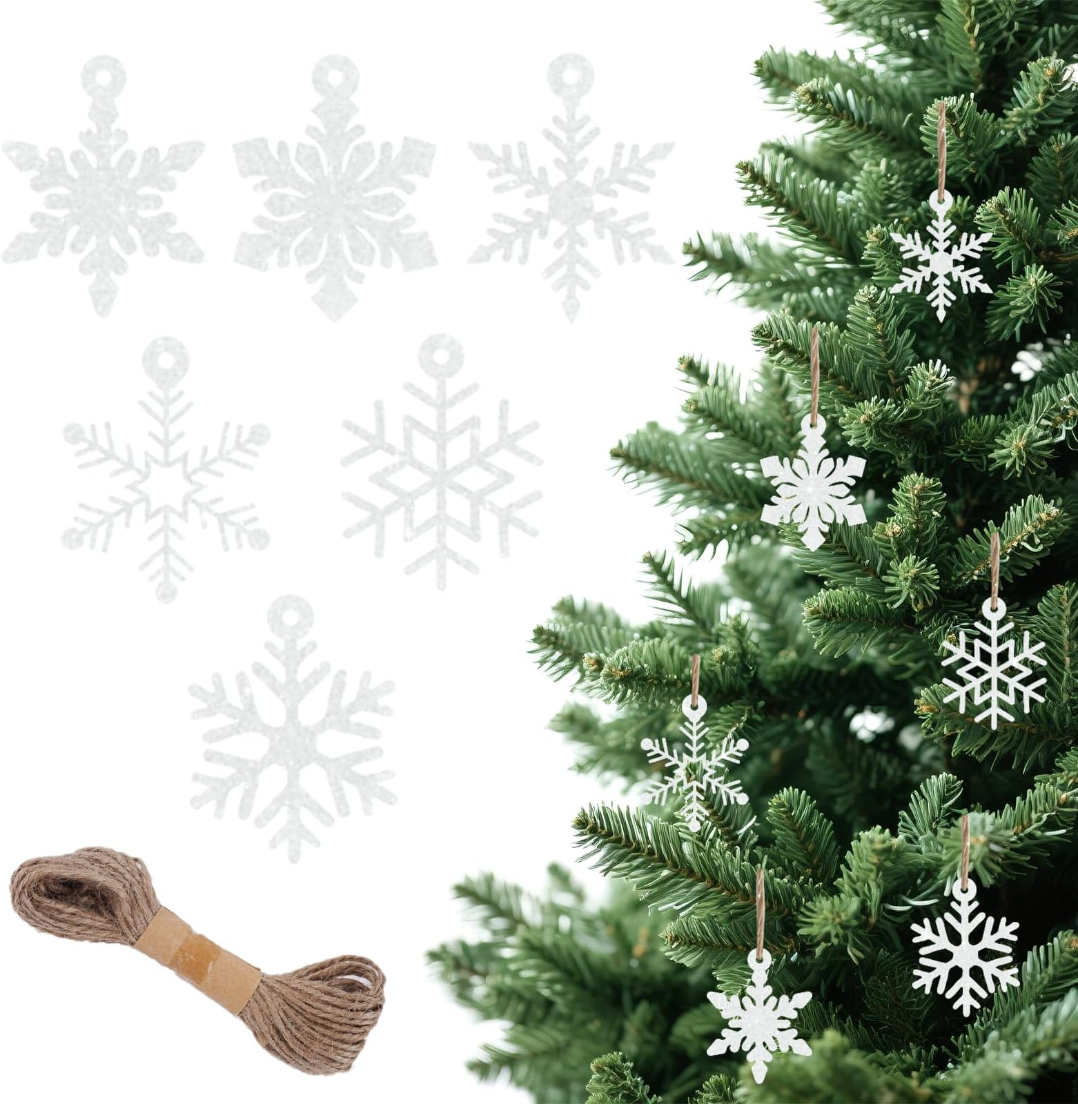 24Pcs White Snowflake Omaments, 2“ Glitter White Ornaments for Christmas Tree, Double-Sided Snow Flakes Decorating Hanging with String for Winter New Year Party Indoor Craft Favors