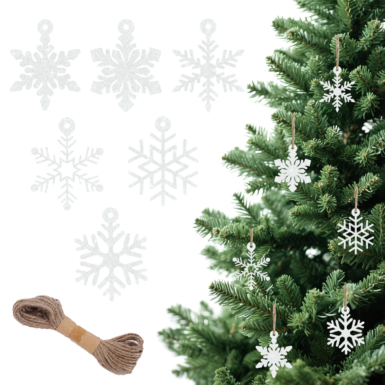 24Pcs White Snowflake Omaments, 2“ Glitter White Ornaments for Christmas Tree, Double-Sided Snow Flakes Decorating Hanging with String for Winter New Year Party Indoor Craft Favors