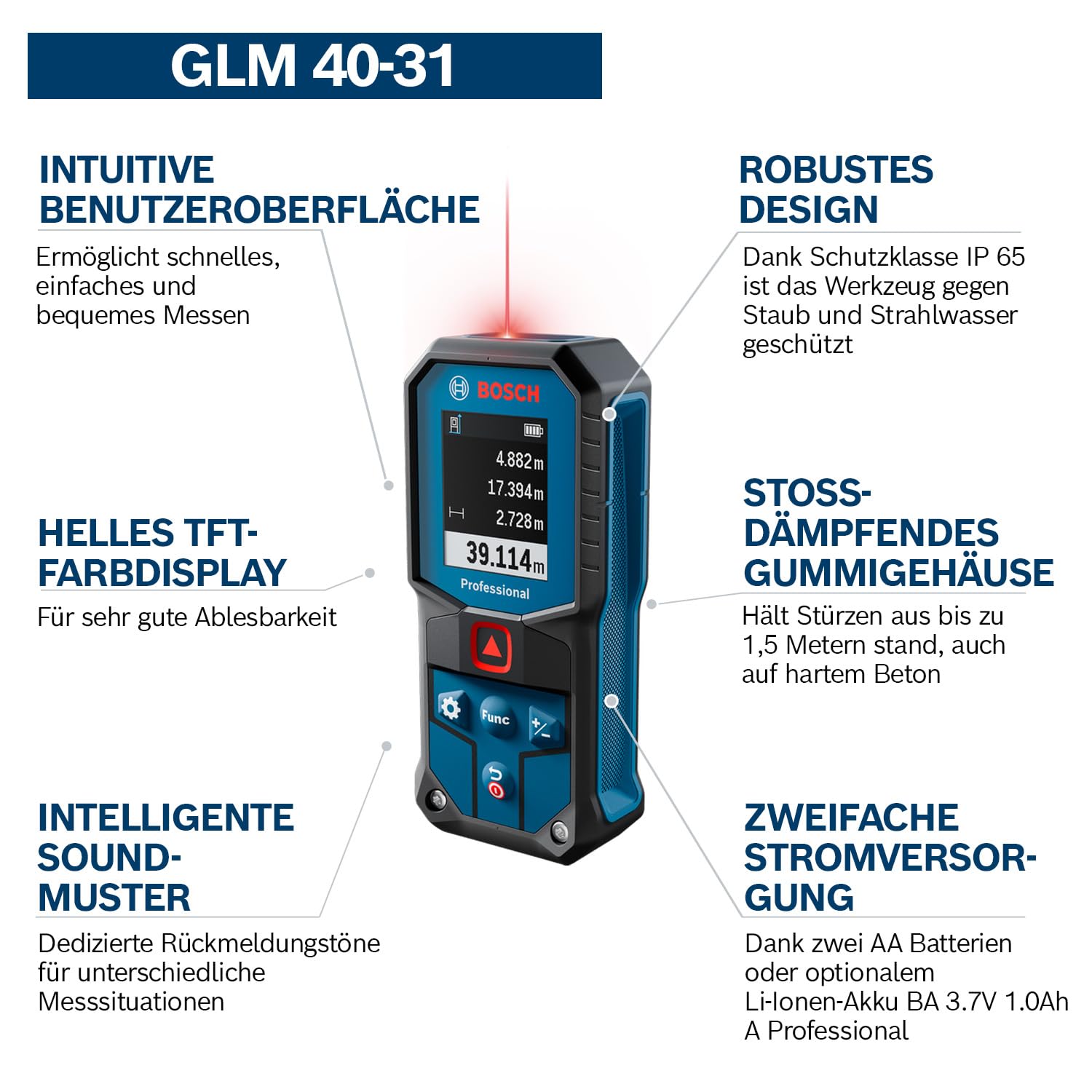 Bosch Professional Laser-Entfernungsmesser GLM 40-31 (IP 65, stoßdämpfendes Gehäuse, 7 Messmodi, automatische Berechnungen für Länge/Fläche/Volumen, helles Farbdisplay, mit Li-Ionen-Akku kompatibel)
