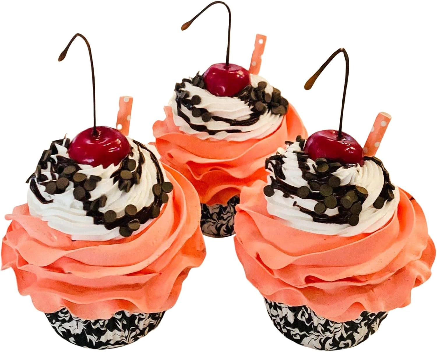 DEZICAKES Fake Cupcakes & Cake – Artificial Cakes for Display – Faux Cake Decorations for Home & Kitchen – Cake Plate Fake Food Desserts Strawberry-Chocolate Brownie Cupcakes Set of 3
