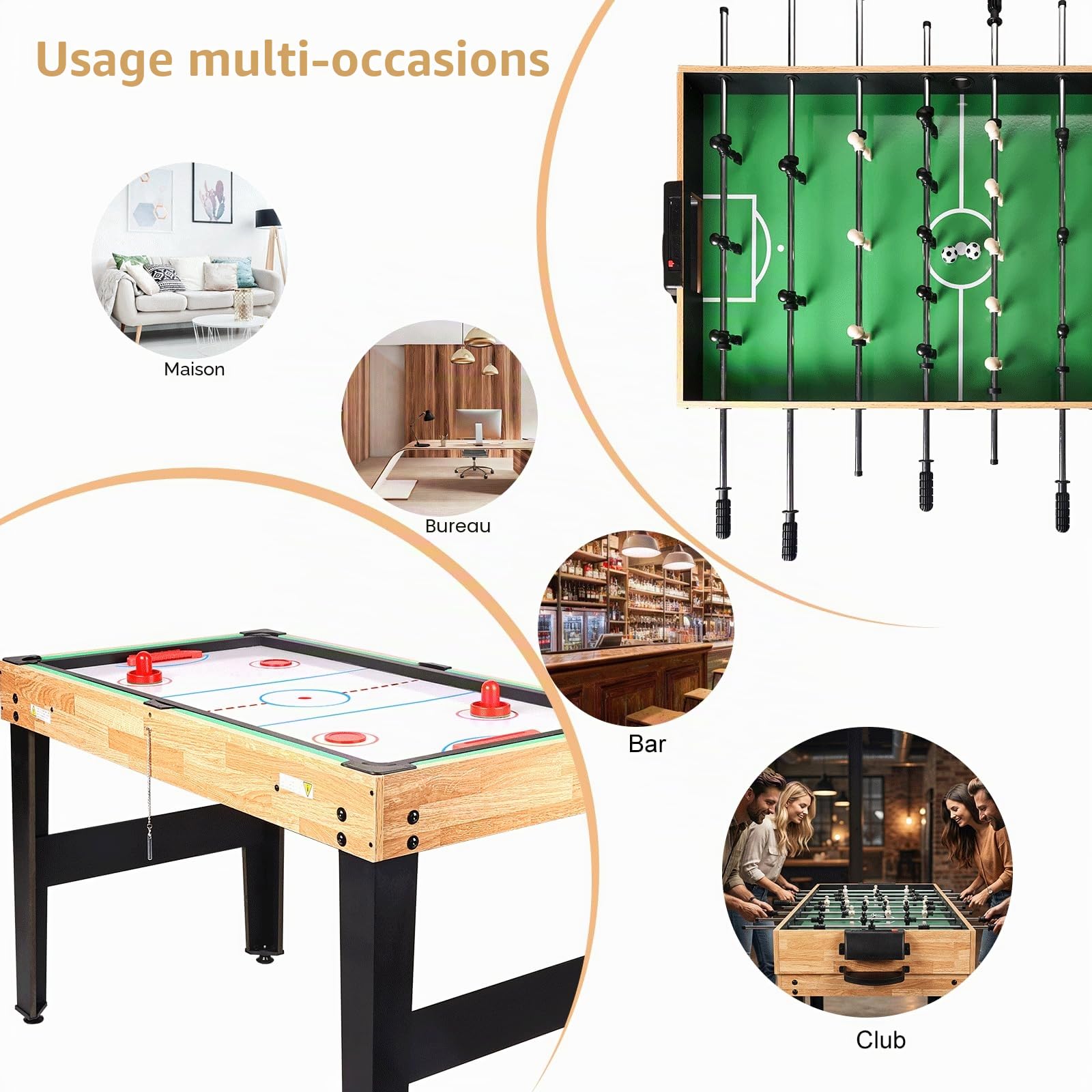 Babyfoot Table Multijeux, avec Billard, Hockey, Table de Tennis, Shuffleboard, Bowling, échecs, Dames, Backgammon etc.avec Accessoires pour Enfants et Adultes.