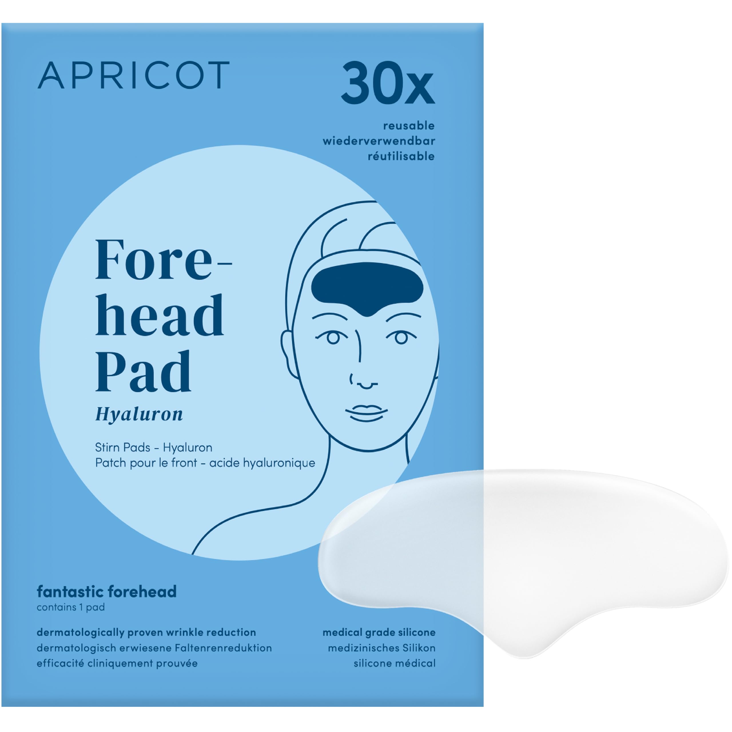 APRICOT Stirn Pads gegen Falten aus medizinischem Silikon mit niedermolekularem Hyaluron, Stirn- und Zornesfalte Glätten - 30x Wiederverwendbar, Dermatologisch geprüft, Vegan & Tierversuchsfrei
