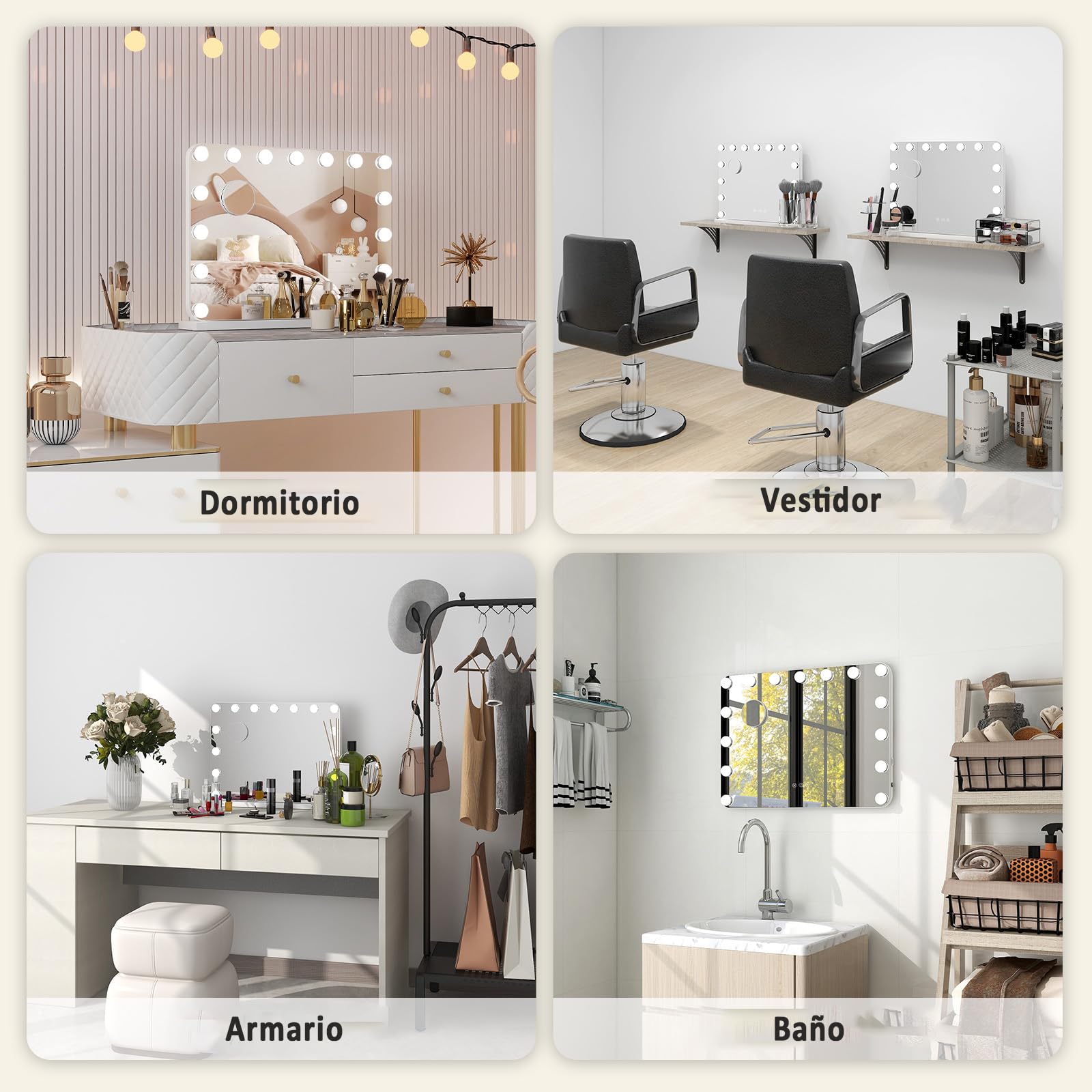 YU YUSING Hollywood Espejo Maquillaje con Luz 15 LED, 58x45 cm, 3 Modos Iluminación Regulables, Espejo Tocador, Controles Táctiles, USB, 10x, Espejos de Mesa Tocador Dormitorio, Esquinas Redondas