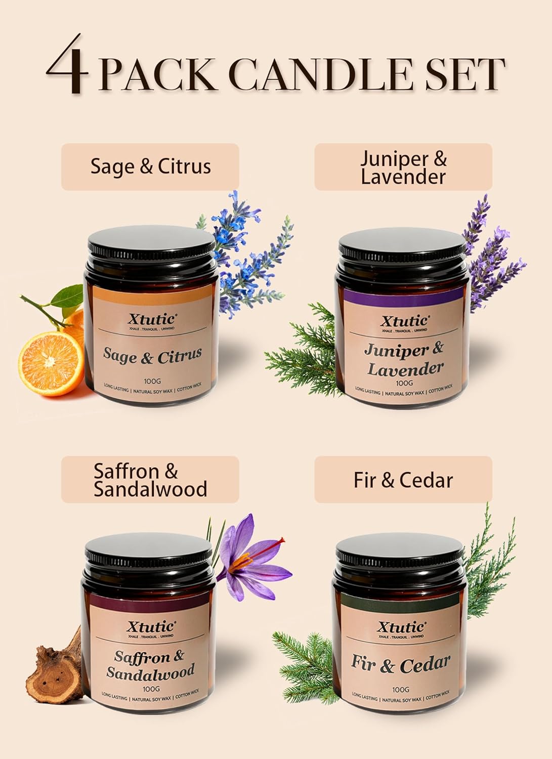 Scented Candles for Women (4-Pack) in Brown Jars, 100-Hour Burn Aromatherapy Candles Set for Home,Bedroom, Bathroom |Candles for Home Scented,Friends