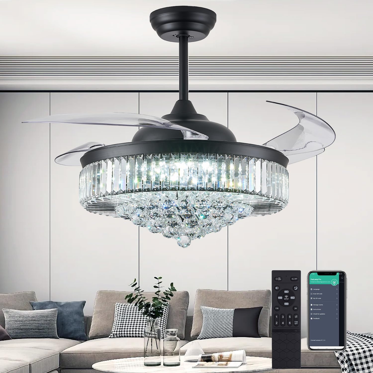 DuMaiWay 52" Dimmable Chandelier Ceiling Fan with Lights,Retractable Crystal Ceiling Fan Chandelier with Remote Control LED Light for Bedroom Living Room Polished Chrome Black 6 Speed 3 Light