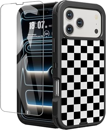 for iPhone 17 Pro Max Case with Screen Protector Black and White Checkered Design, 3-Layer Rugged Heavy Duty Shockproof Protective Trend Phone Case for iPhone 17 Pro Max Men Women
