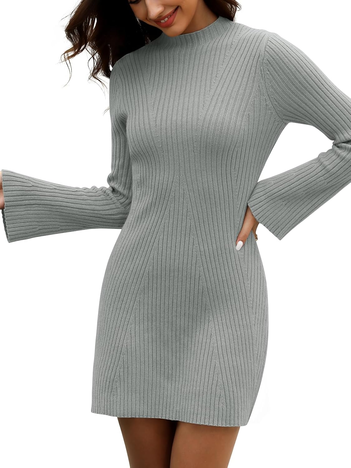 Womens Sweater Dress Fall Winter Bell Long Sleeve Mock Neck Ribbed Knit Bodycon Mini Dresses 2025 - Image 2
