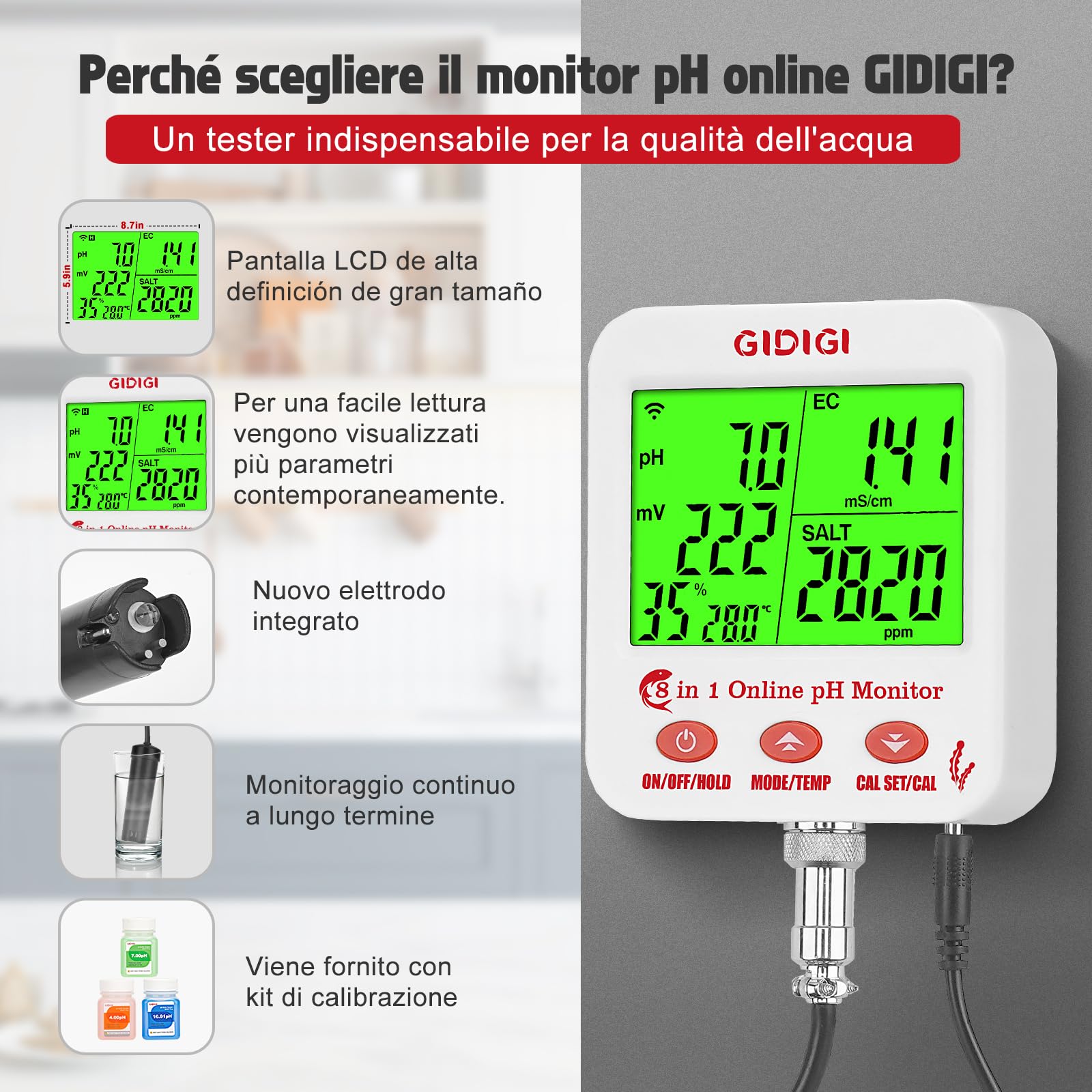 Monitor di pH ppm WiFi, tester intelligente della qualità dell'acqua 8 in 1, misuratore di pH EC idroponico, tester pH TDS EC sale ORP con kit di soluzioni calibrazione, tester salinità per acquari