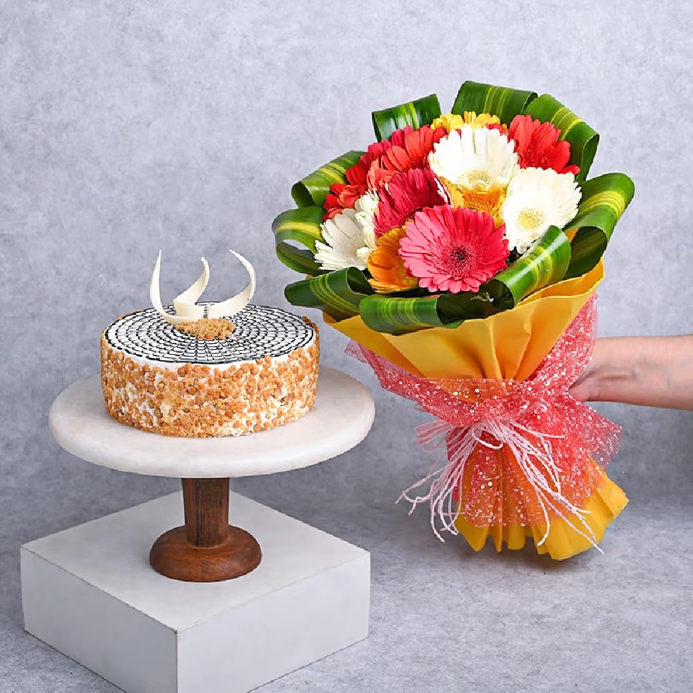 FlowerAura Fresh 500g Butterscotch Cake With Fresh Live 12 Mix Gerbera Flower Bouquet For Valentine Day Gift, Birthday Gift, Anniversary Gift, Women's Day Gift & Mother's Day Gift (Same Day Delivery)-image-9