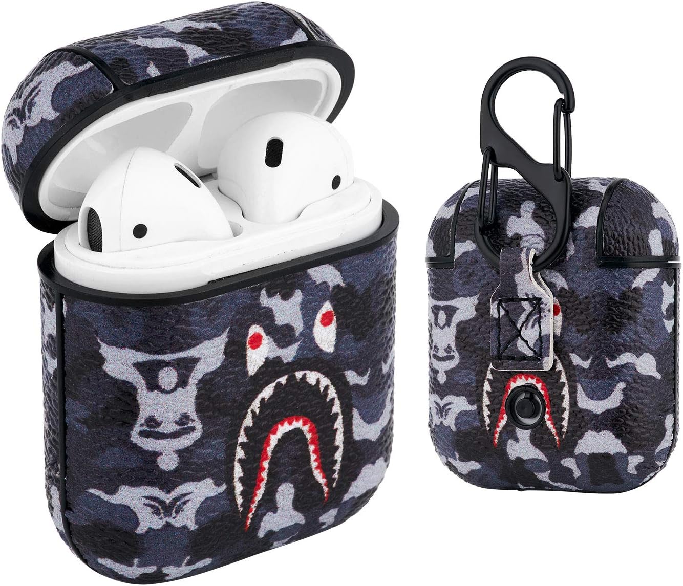 CRAYTIF AirPods Case Shark Ape Bape Leather Portable Protective Shockproof Cover for Apple AirPods Charging Case for Women & Men(Grey)