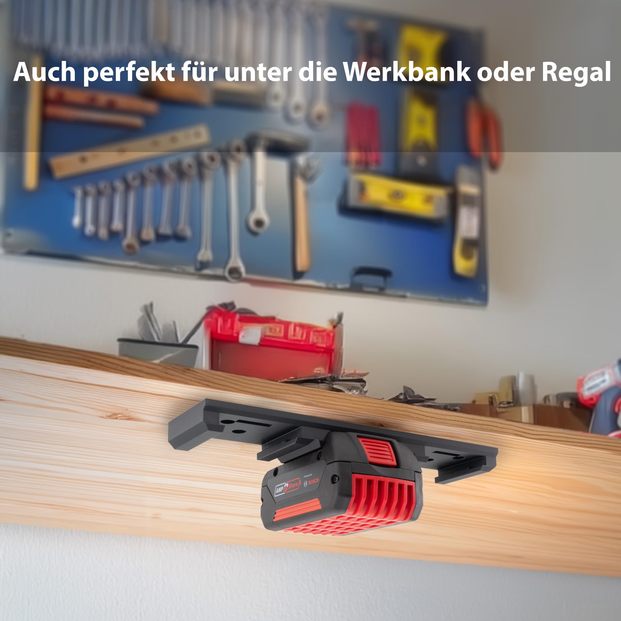 Supporto da parete per batterie Bosch Professional da 18 V e PowerCore, robusto supporto salvaspazio, per 3 batterie, 5 viti e 5 tasselli, facile da montare con funzione di bloccaggio [Made in Germay]