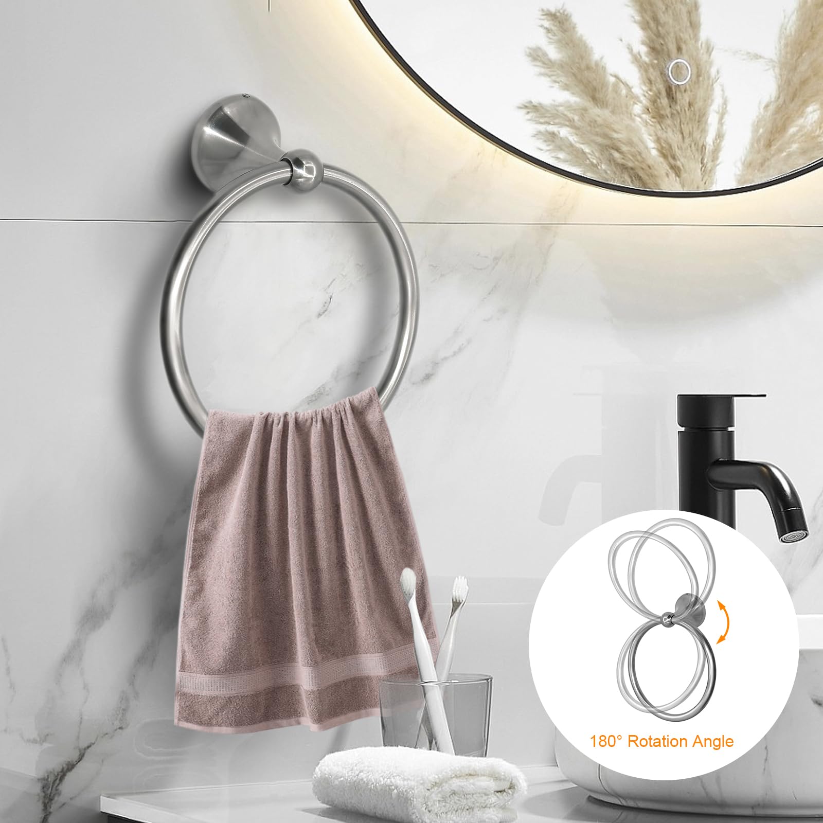 Set Accessori Bagno 6 Pezzi TNOMS – Nichel Spazzolato, Porta Asciugamani Doppio + Anello + Gancio + Portarotolo Con Ripiano