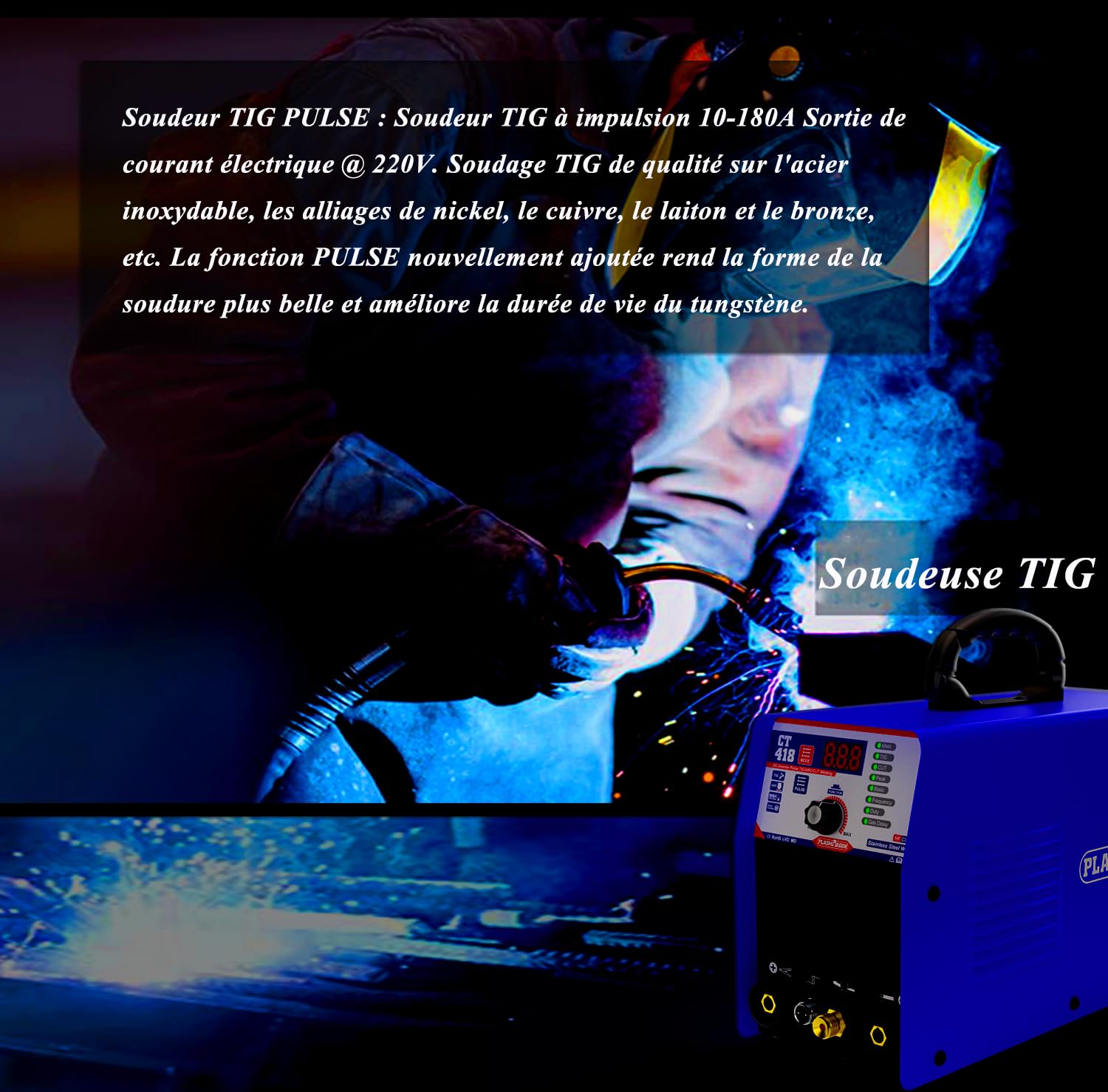Poste à souder 3 en 1 - Découpeur à plasma WIG - Soudeur MMA à onduleur - Combinaison de soudage plasma TIG MMA | IGBT | Affichage LCD numérique | Allumage HF CT418P