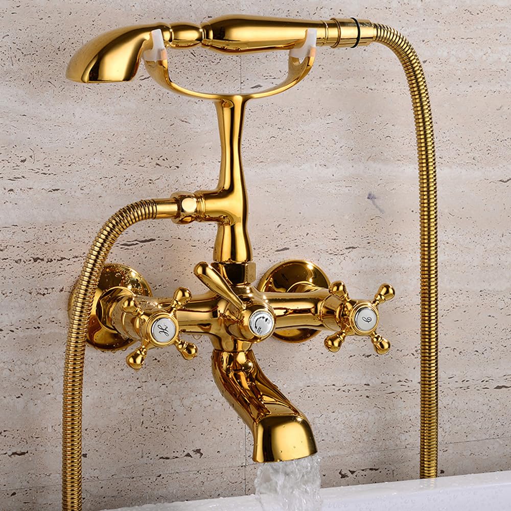 HomeLava Nostalgie Wannenarmatur Gold Retro Wannenbatterie Bad Badewannenarmatur Armatur Zwei Griffe Badewanne Mischbatterie mit Handbrause Wannenmischer mit Brause Wannenhahn