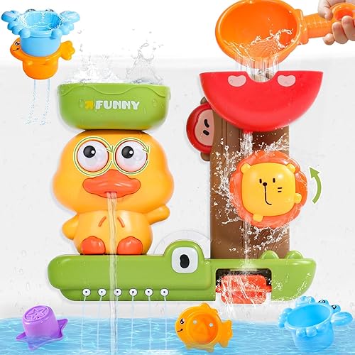 Baby Bath Toys for Kids Ages 1-3 Interactive Toddler Bath Toys Mold Free Duck Sensory Bathtub Water Shower Toys with 3 Stacking Cups for 12+ Months Boys Girls Christmas Birthday Gifts