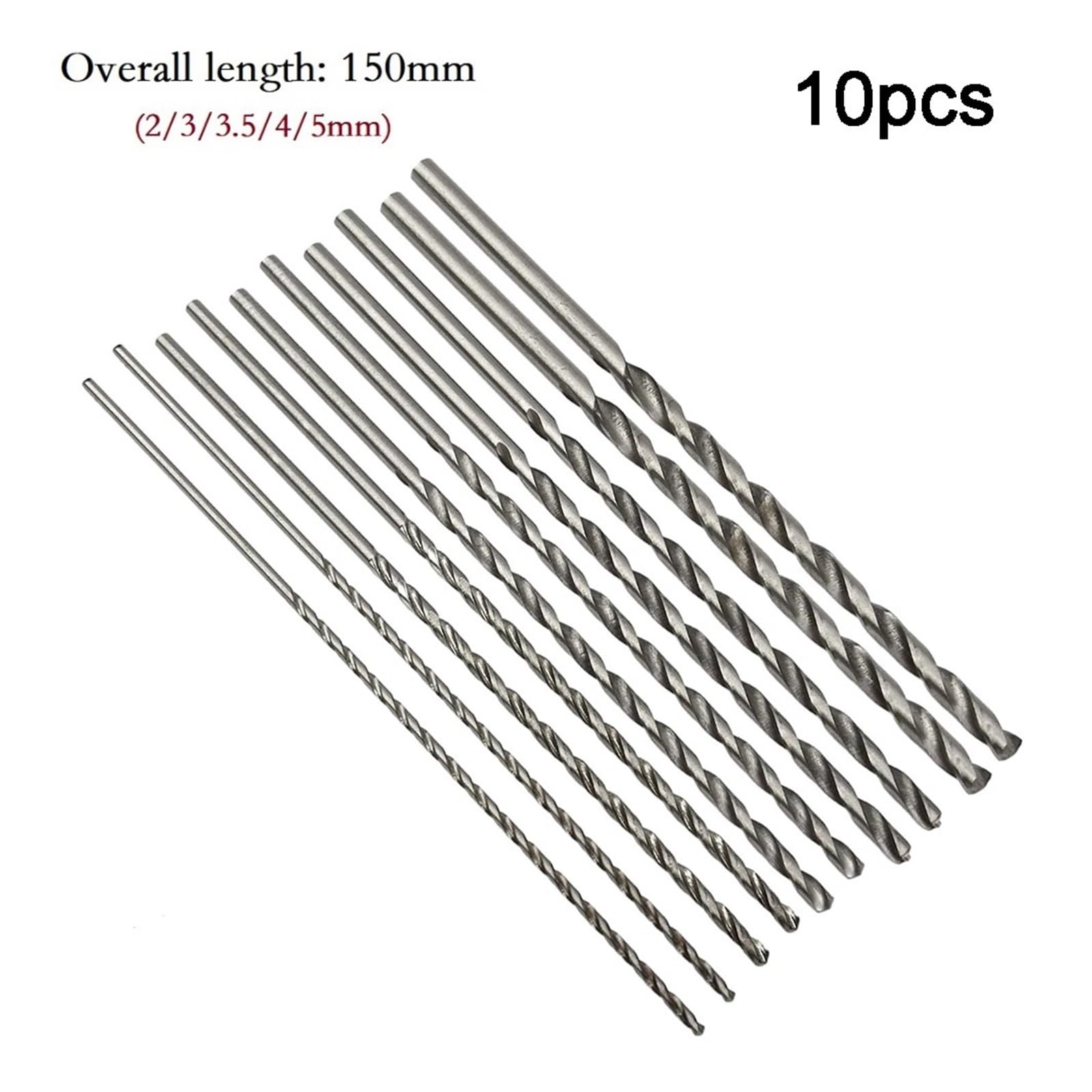 Punta elicoidale a gambo diritto Set di 10 punte da trapano in acciaio rapido HSS, fori da 2 a 5 mm, extra lunghe 150 mm, for trapani elettrici, macchine e utensili elettrici in alluminio.