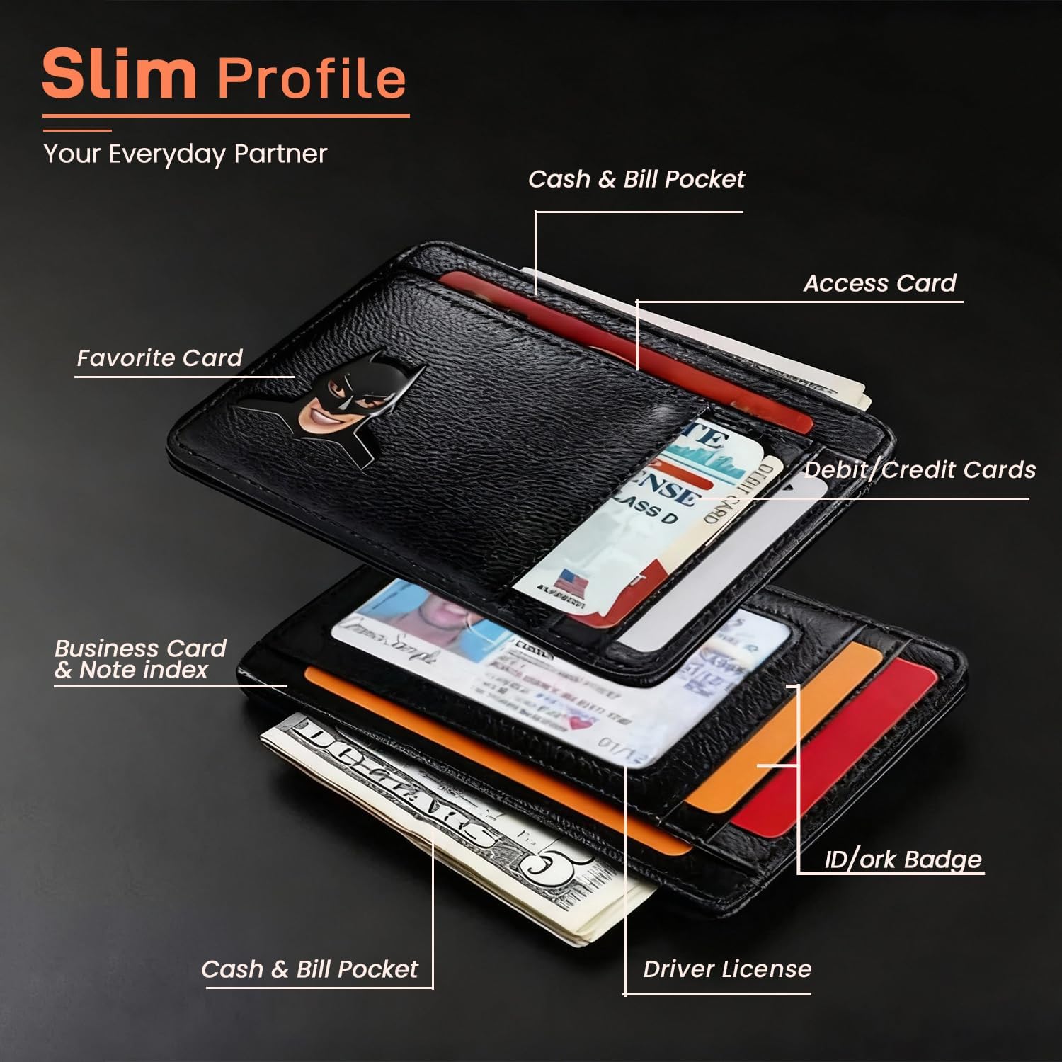Bat ID Leather Wallet Card Holder for Men with Multiple Card Slots- Minimalist Blocking Front Bat Face Cut-Out Wallet- Dad Son Husband Boyfriend – Valentines Birthday Father’s Day Gift