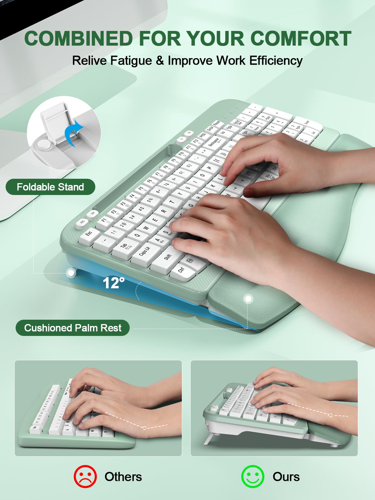 EAYBLLY Wave Keys Bezprzewodowa ergonomiczna klawiatura z amortyzowanym podparciem dłoni, wygodne naturalne pisanie, do dużych dłoni, 2,4 GHz, pełnowymiarowa bezprzewodowa klawiatura komputerowa USB