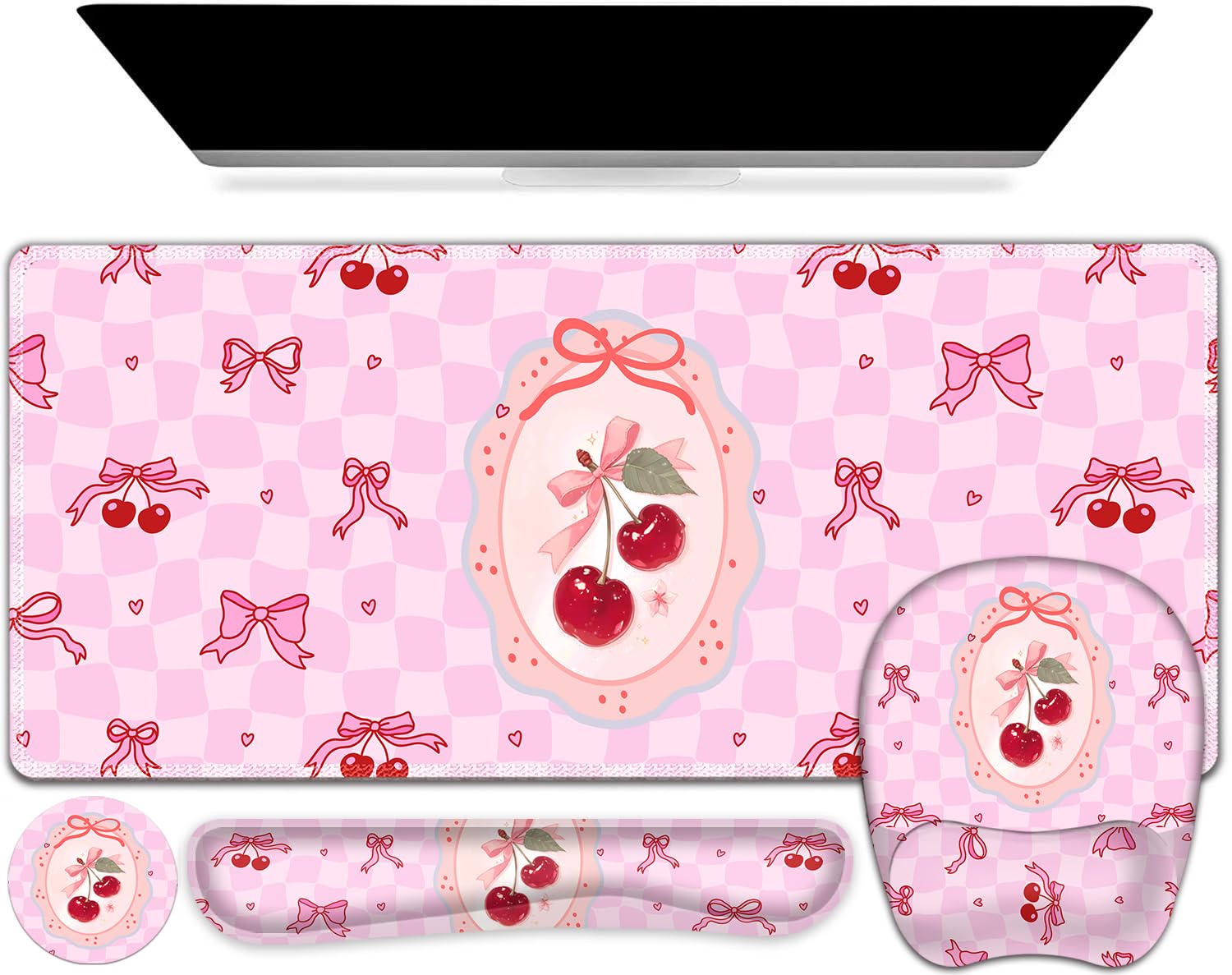 Cute Check Mouse Pad with Wrist Support 4 in1 Set, XXL Big Game Mousepad + Keyboard Wrist Rest + Mouse Wrist Rest Pad +Coaster Gaming Mat for Work Study Home Office I Pink Cherry & Bow Dream — image 1