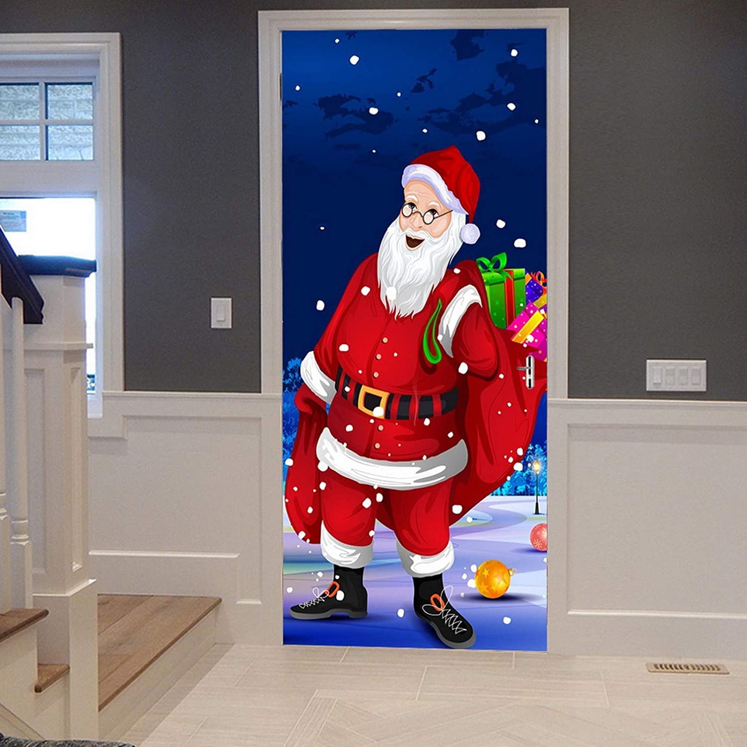 Self Adhesive Door Wrap Sticker - Cartoon Santa 80 X 200 Cm - Peel and Stick 3D Effect Door Wrap - Hd Removable Vinyl Wallpaper Children's Room Boys and Girls Room Door Photo Door Poster Door Mural