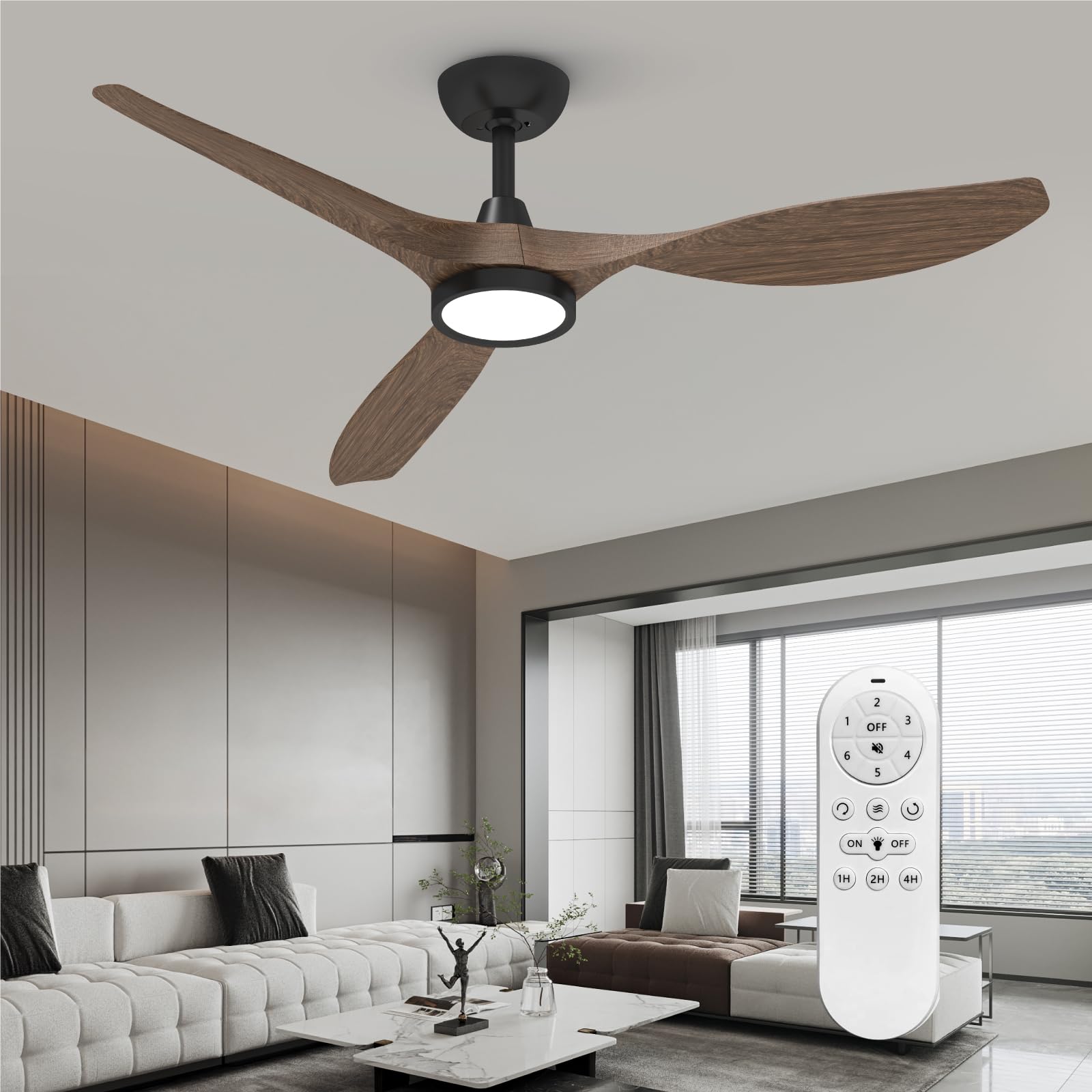 Roomratv Ceiling Fans with Lights and Remote, Ceiling Fan 52 Inch Black Walnut Color Quiet DC Motor 3 CCT Memory Modern Large Airflow Noiseless Reversible 6 Speeds 3 Timers Indoor for Farmhouse