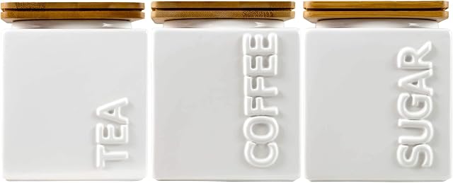 Set of 3 Nautical Ceramic Tea Coffee Sugar Set, White Tea, Coffee, Sugar Set, Storage Jars, Airtight, Rustic Wood Lids