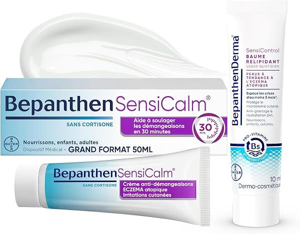 Bepanthen Sensicalm Crème Eczéma & Anti Démangeaisons - Soulagement Rapide 30 min - Eczéma Atopique - Sans Parfum ni Cortisone - Grand Format 50g + BepanthenDerma SensiControl Baume Relipidant 10ml - 1