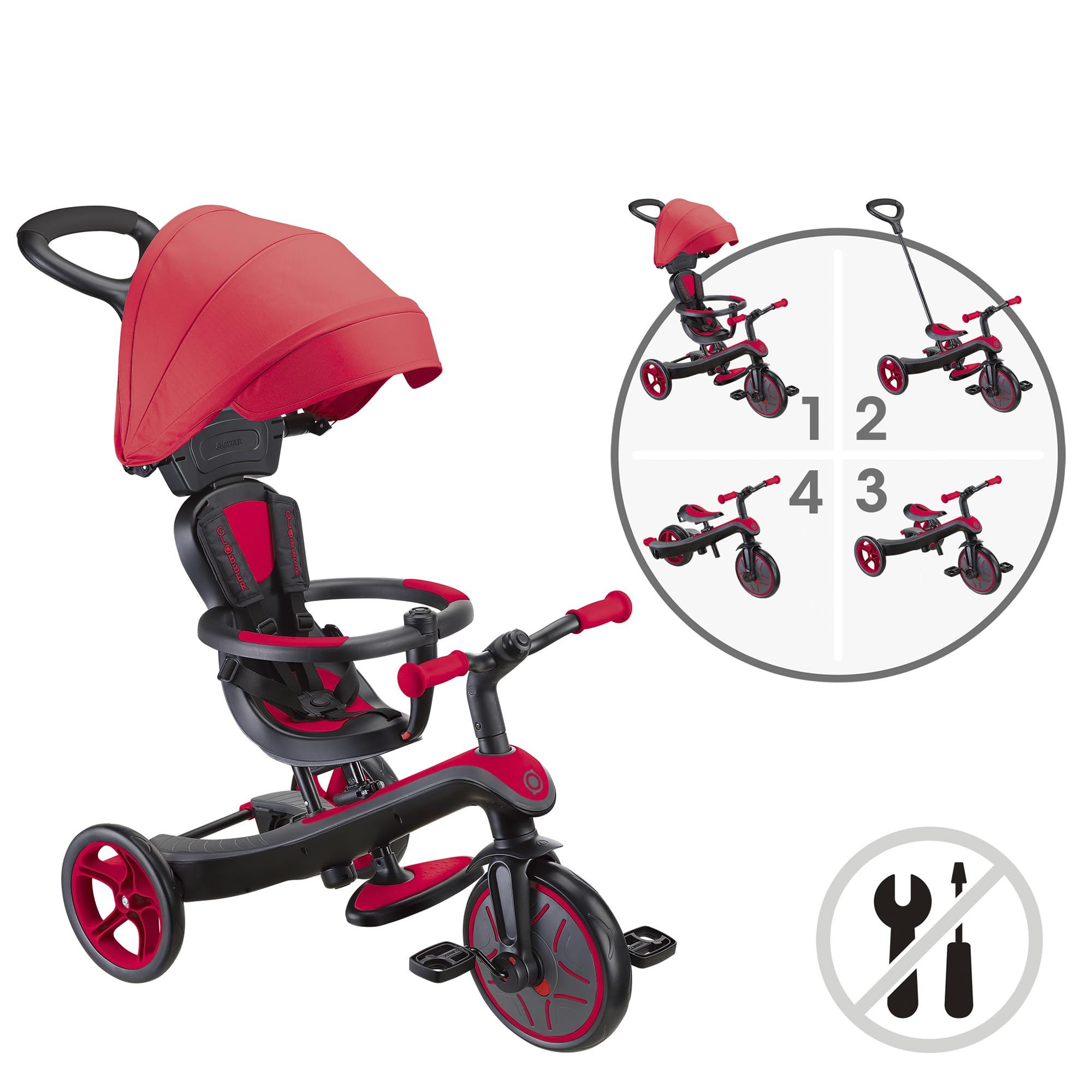 Globber - Triciclo Explorer 4 en 1 - Triciclo evolutivo y draisiano para niños pequeños de 10 Meses a 5 años, Rojo