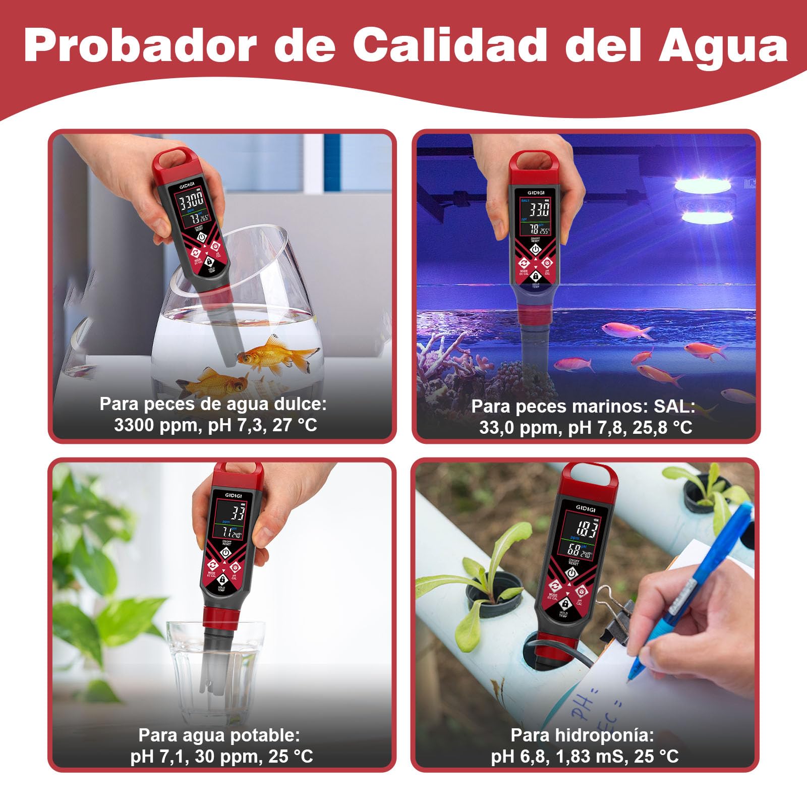 Medidor Digital 5 en 1 Salinidad pH EC TDS con Pantalla Color y Solución Calibración para Piscinas Agua Salada Acuarios Hidroponía