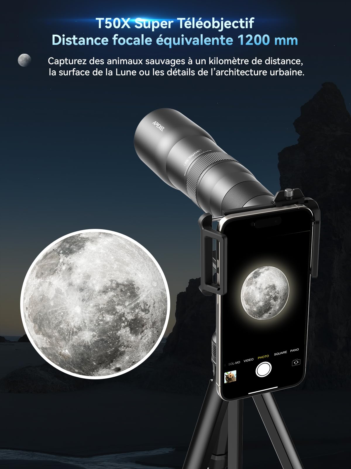 Apexel 50X Super Téléobjectif, Focale de 720mm, Capture Professionnelle et Artistique pour la Faune, Le Sport, Les Concerts