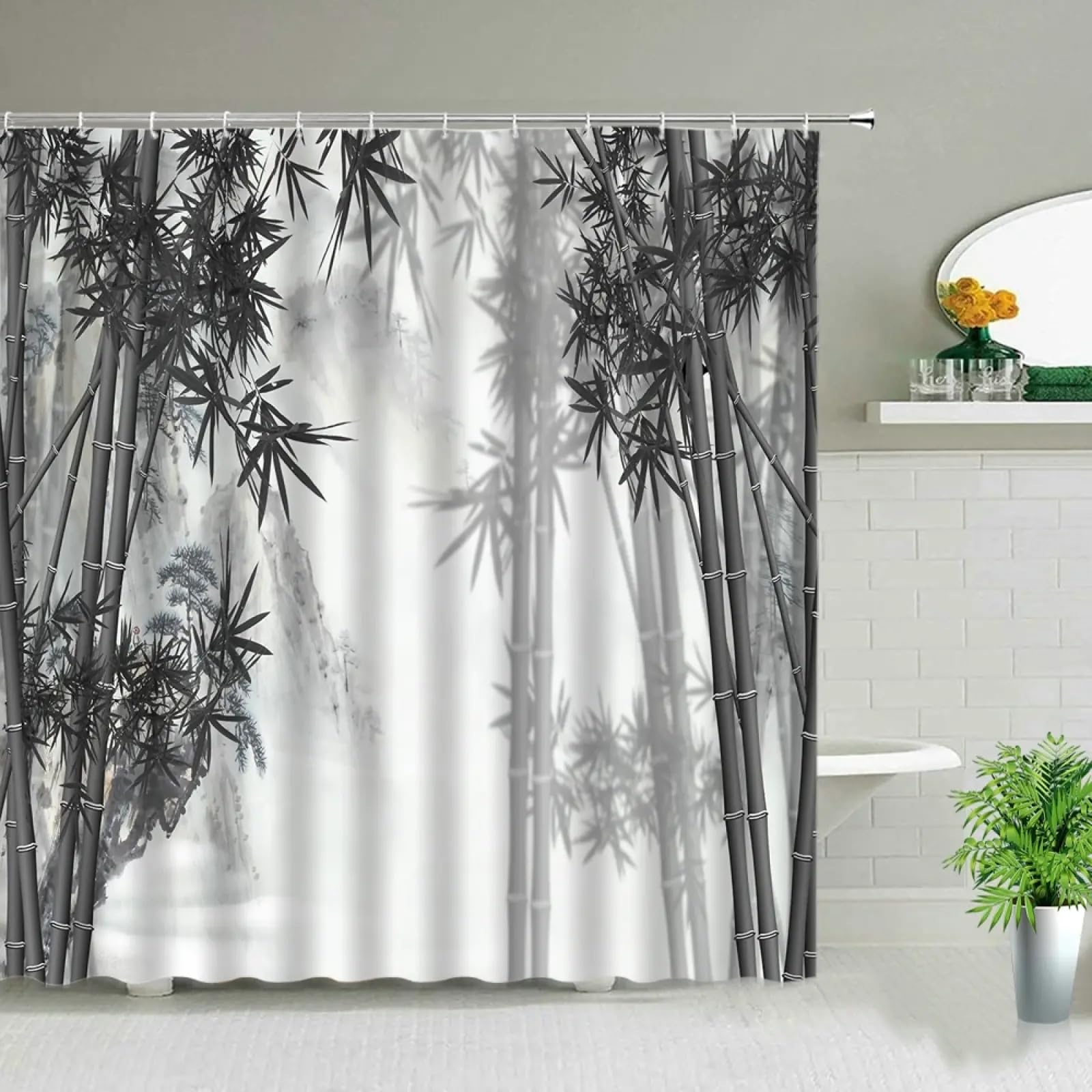 Rideau douche tissu imperméable style chinois bambou 90x220cm